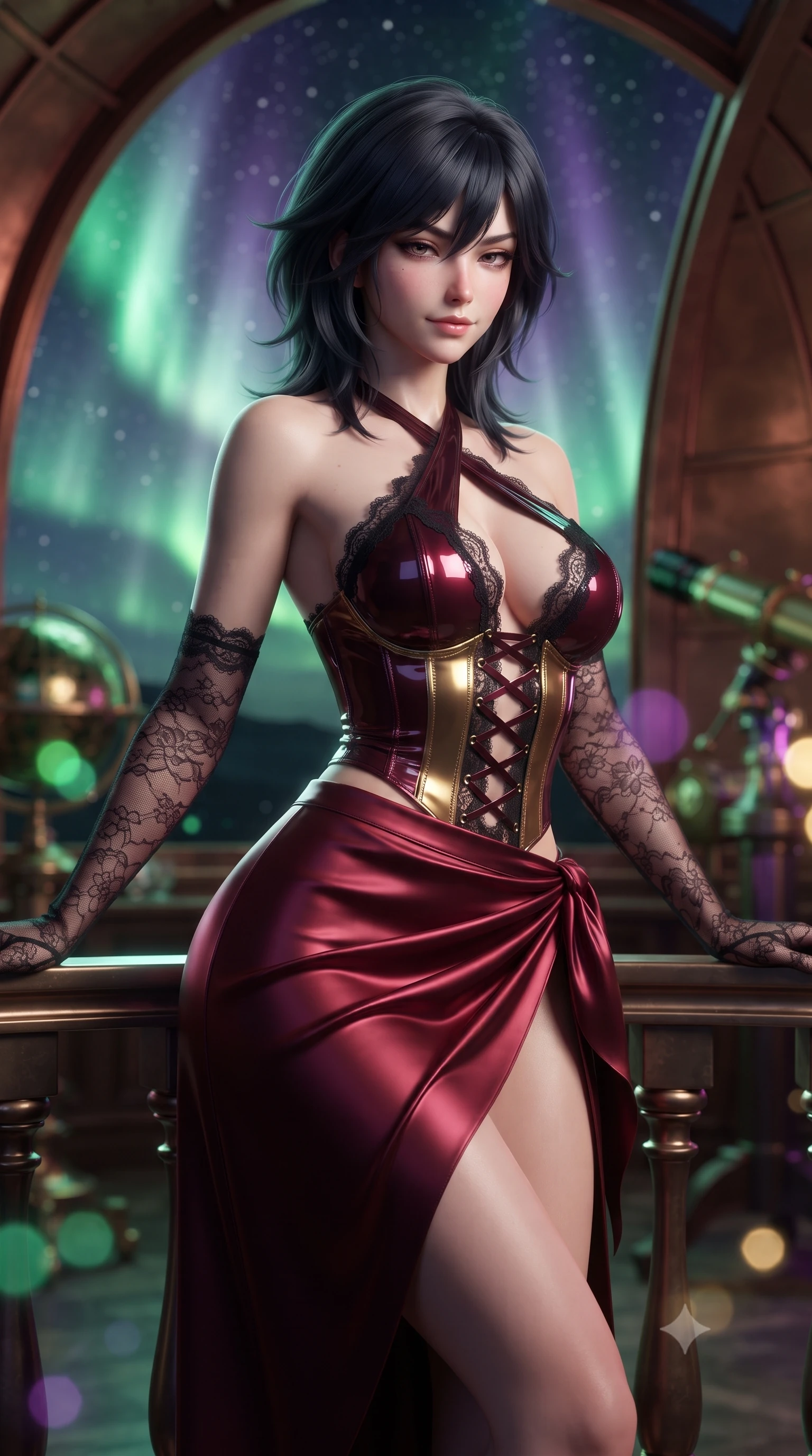 score_9, masterpiece, best quality, ultra-detailed, high-budget anime keyframe, editorial fashion photography, tasteful artistic composition, Caucasian woman. close-up cowboy shot from the waist and thighs up, the character dominates the composition, filling the frame with her large presence. leaning back against the balustrade with relaxed seductive grace, head tilted back slightly while casting a hypnotic, heavy-lidded gaze while leaning against the brass telescope mounting with hips cocked back, looking back with an intoxicating, heavy-lidded gaze. The background shows a soft-focus swirling green and violet northern lights across the starry sky, curved copper dome interior, and brass celestial globes blurred into emerald, amethyst, and gold bokeh. She has an exceptionally elegant, slender, and willowy female figure with an ultra-slim waist, flat toned midriff, narrow ribcage, and sculpted feminine hips creating an alluring, slim hourglass silhouette without bulk. sharp v-shaped jawline, high-bridge nose, sparkling eyes with hypnotic seductive depth, thick curled eyelashes, glossy parted lips with a natural dewy peach sheen, alluring bedroom-eyes with an enchanting coquettish smile, exuding magnetic siren charisma and sophisticated glamour, flawlessly proportioned anatomical accuracy, strict slender model proportions, natural body alignment, perfectly sculpted long slender limbs, ultra-slim waistline, clean dynamic posture without body distortion. wearing a high-waisted dark crimson satin wrap sarong skirt with hip-high slit paired with a plunging criss-cross halter corset in smoldering bordeaux wine and liquid gold with black chantilly lace, crafted from wet-look high-gloss vinyl fabric with dazzling specular surface reflections, complemented by sheer opera-length lace evening gloves tracing her slender arms, the form-contouring silhouette accentuating her sculpted flat midriff, narrow delicate ribcage, and gracefully curvy hips with intoxicating allure. illuminated by brass tube specular highlights and sharp cyan-magenta rim lights defining her delicate clavicles, ultra-slim waist, and curvy hips. ultra-reflective glossy finish, specular highlights, rich textural contrasts, high-contrast stereoscopic depth, volumetric dynamic lighting, 2k, ultra detail, master piece, 9:16 ratio