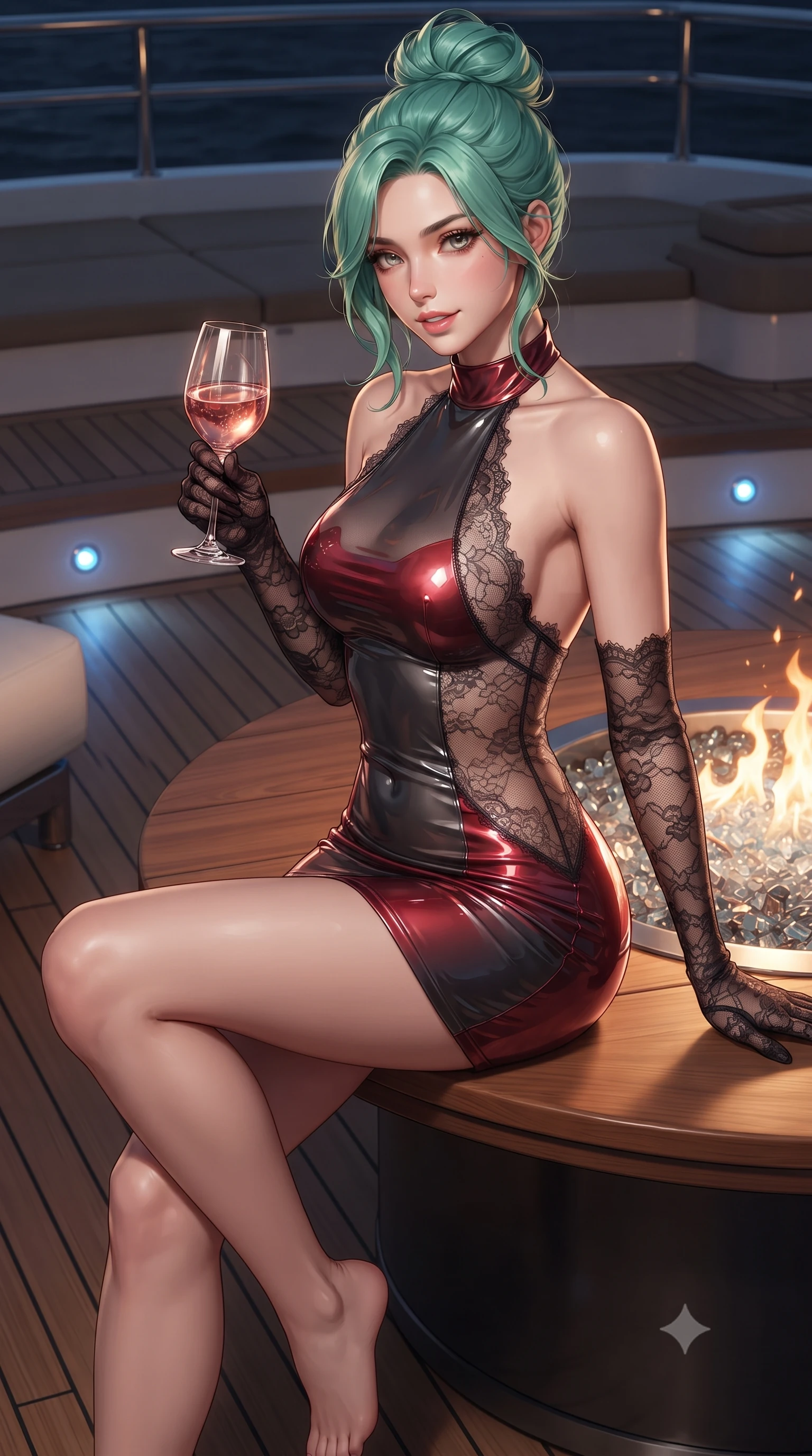 score_9, masterpiece, best quality, ultra-detailed, high-budget anime keyframe, editorial fashion photography, tasteful artistic composition, Japanese woman. close-up cowboy shot from the waist and thighs up, the character dominates the composition, filling the frame with her large presence. perched sideways on the lounge seat, one knee drawn up to showcase her slender leg line while her arched back accentuates her feminine hip curve while sitting perched on the circular teak rim with legs crossed, holding a glass of vintage rosé with an alluring, parted-lip smile. The surrounding environment is rendered in vivid detail and crisp panoramic clarity: sharp teak deck caulking seams, brushed aluminum fire table rim, and crushed glass fire pebbles in deep focus. She has an exceptionally elegant, slender, and willowy female figure with an ultra-slim waist, flat toned midriff, narrow ribcage, and sculpted feminine hips creating an alluring, slim hourglass silhouette without bulk. sharp v-shaped jawline, high-bridge nose, sparkling eyes with hypnotic seductive depth, thick curled eyelashes, glossy parted lips with a natural dewy peach sheen, alluring bedroom-eyes with an enchanting coquettish smile, exuding magnetic siren charisma and sophisticated glamour, flawlessly proportioned anatomical accuracy, strict slender model proportions, natural body alignment, perfectly sculpted long slender limbs, ultra-slim waistline, clean dynamic posture without body distortion. wearing a slinky backless halterneck column mini dress in shimmering liquid vinyl clinging like a second skin in rich cherry lacquer and smoky charcoal, made of delicate semi-sheer French Chantilly lace with intricate eyelash edges, complemented by sheer opera-length lace evening gloves tracing her slender arms, the second-skin tailored fabric adhering flawlessly to her sculpted flat midriff and slender torso, emphasizing her long leg lines and perfectly proportioned willowy build. bathed in the warm dancing glow of the central fire table combined with subtle blue deck courtesy lights. ultra-reflective glossy finish, specular highlights, rich textural contrasts, high-contrast stereoscopic depth, volumetric dynamic lighting, 2k, ultra detail, master piece, 9:16 ratio