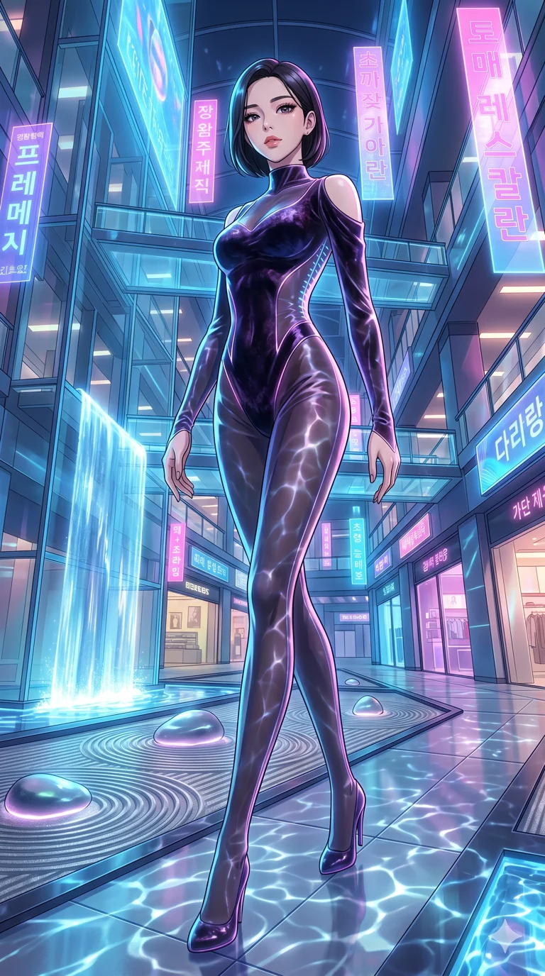 score_9, masterpiece, best quality, ultra-detailed, High-budget Anime Keyframe, vibrant colors, fluid line-art, expressive lighting, cinematic composition, Ufotable-style visual effects, top-tier animation quality, Korean woman with idol-like refined features. Wide-angle low shot emphasizing her impossibly long slender legs and commanding stature. Gliding through a multi-level cyberpunk mall with vibrant neon reflections on every surface and holographic advertisements. She has an absolutely perfect 8-heads proportion, an exceptionally tall and slender female figure with impossibly long slender legs and an ultra-slim waist, her statuesque height and towering silhouette dominating the vertical 9:16 frame. Her face is a masterpiece featuring a sharp v-shaped jawline, high-bridge nose, intricate jewel-like eyes with depth, thick eyelashes, and glossy lips with a natural sheen. She is wearing a Iridescent sheer catsuit with glowing lines that pulse in sync with her heartbeat crafted from Crushed dark velvet with a deep, rich texture that absorbs light and glows at the edges, boasting shoulder cut-outs and a glowing spinal interface visible through the back. The scene is set in a serene Zen garden with metallic sand, glowing stones, and a holographic waterfall, illuminated by underwater caustic lighting with ripples of light dancing across her body. 2k, ultra detail, master piece, 9:16 ratio