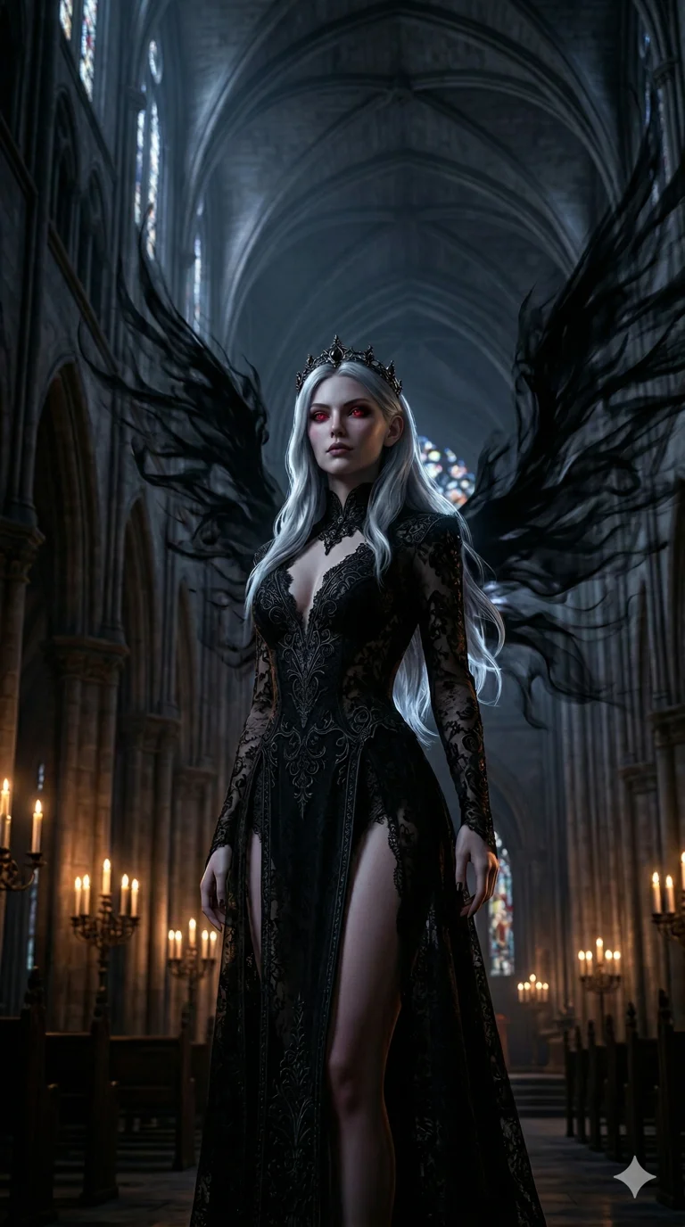 score_9, masterpiece, best quality, ultra-detailed, semi-realistic high-budget 3D game render, an incredibly beautiful ethereal Caucasian woman with flawless pale skin (strictly human ears). Low angle cowboy shot filling the frame. She is a dark elf queen (human ears) in a gothic cathedral, her wings made of shadow. She has an absolutely perfect 8-heads proportion, a towering female figure with a delicate skinny aesthetic. Her face is a masterpiece with silver hair and ruby-like eyes. She is wearing a high-cut black lace gown with a deep cleavage, highlighting her alluring silhouette. Candlelight and dramatic shadows, dramatic rim lighting, radiant glowing skin, 2k, ultra detail, master piece, 9:16 ratio