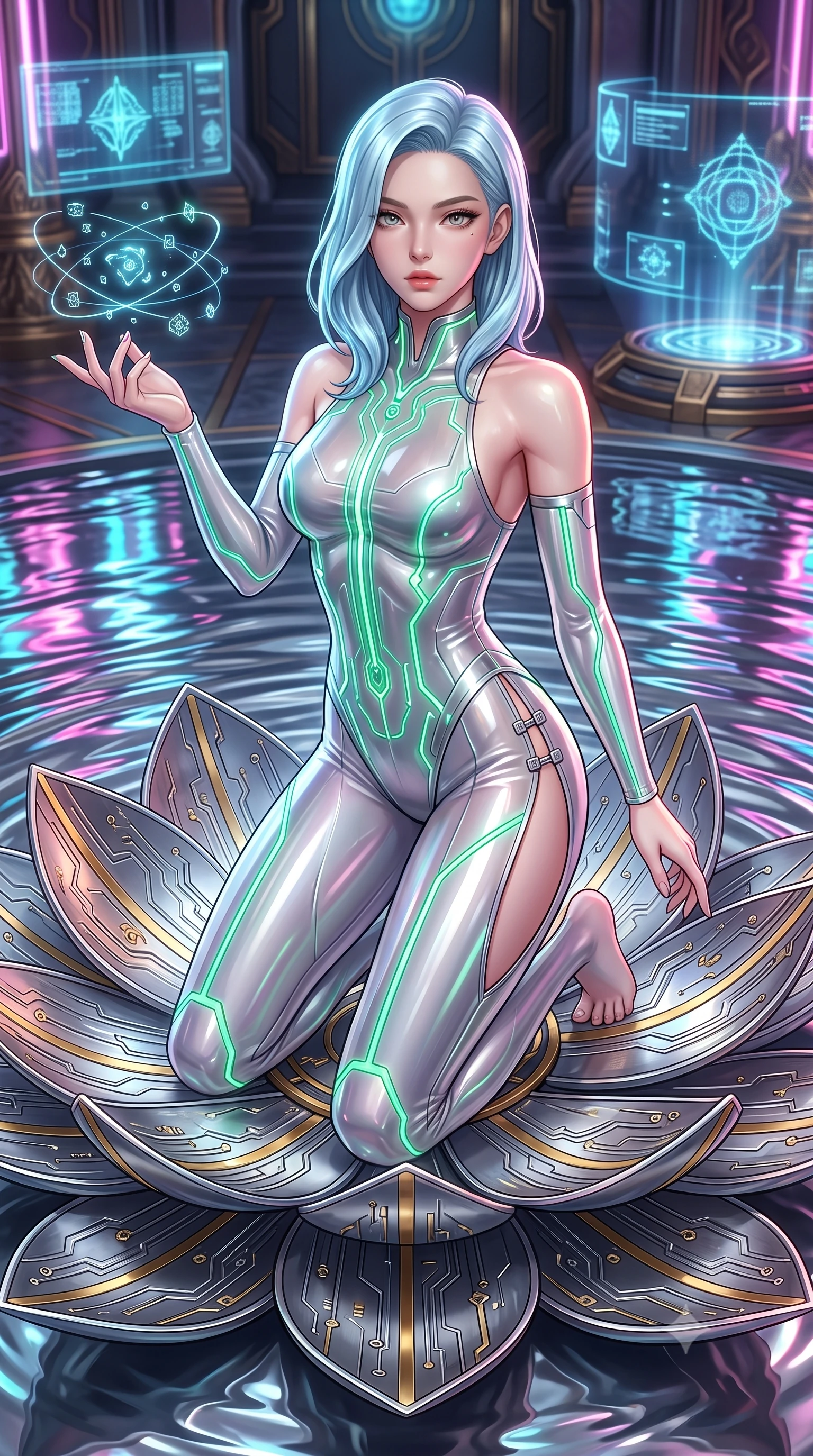 score_9, masterpiece, best quality, ultra-detailed, high-budget anime keyframe, semi-realistic 3D game render, editorial fashion photography, tasteful artistic composition, Korean woman. close-up cowboy shot from the waist and thighs up, the character dominates the composition, filling the frame with her large presence. extending one arm gracefully as floating holographic glyphs and nano-crystals orbit her fingertips with sovereign power while kneeling gracefully on a metallic lotus petal as ripples of liquid mercury reflect brilliant neon light across her bare shoulders. The surrounding environment is rendered in vivid detail and crisp panoramic clarity. razor-sharp circuit lotus petal engravings, liquid mercury surface tension ripples, and gold inlays in deep focus. She has an exceptionally elegant, slender, and willowy female figure with an ultra-slim waist, a gracefully sculpted slender torso, toned flat midriff, and a refined slim silhouette. sharp v-shaped jawline, high-bridge nose, intricate jewel-like eyes with depth, thick eyelashes, glossy lips with a natural sheen, flawlessly proportioned anatomical accuracy, strict slender model proportions, natural body alignment, perfectly sculpted long slender limbs, ultra-slim waistline, clean dynamic posture without body distortion. wearing an ultra-sleek aerodynamic tech-jumpsuit sculpted tightly to her figure, accented with glowing fiber-optic spine lines in radiant emerald green circuit lines and polished silver sheen, tailored from semi-translucent cybernetic vinyl with glowing micro-filaments, finished with an ultra-high side slit secured by miniature magnetic clasps, the glove-like aerodynamic second-skin fit tightly clinging to her ultra-slender waist and athletic curves without adding bulk, accentuating her razor-sharp statuesque lines and slim hourglass silhouette. surrounded by an opulent, mystical, and sacredly sensual android goddess ambiance. rich saturated anime colors with glowing neon highlights, detailed shading with soft gradients, rich glossy textures, high-contrast stereoscopic depth, volumetric dynamic lighting, master piece, 9:16 ratio
