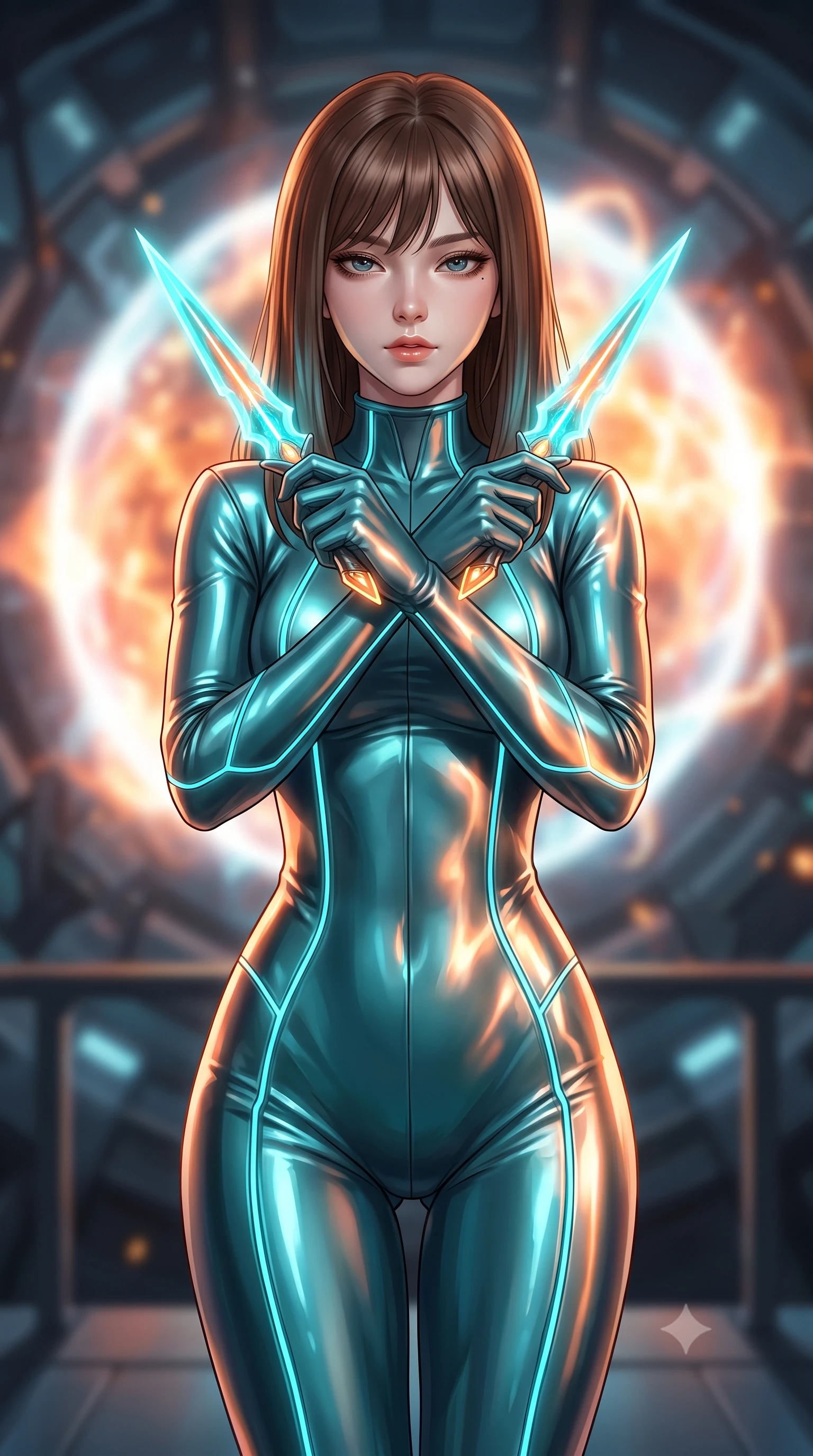 score_9, masterpiece, best quality, ultra-detailed, high-budget anime keyframe, editorial fashion photography, tasteful artistic composition, Korean woman. close-up cowboy shot from the waist and thighs up, the character dominates the composition, filling the frame with her large presence, background elements kept in soft focus. holding two energy daggers crossed in front of her elegant collarbone, casting a heavy-lidded, sultry look, the background shows a soft-focus the engine room viewing platform of a solar sail ship facing the fusion core. She has an exceptionally elegant, slender, and willowy female figure with an ultra-slim waist, a gracefully sculpted slender torso, and a refined silhouette. sharp v-shaped jawline, high-bridge nose, intricate jewel-like eyes with depth, thick eyelashes, glossy lips with a natural sheen. wearing a tailored body-hugging metallic teal catsuit with thin cyan LED lighting trims along the seams. shifting orange and white plasma flares casting high-contrast chiaroscuro shadows. highly saturated vibrant anime colors, detailed shading with soft gradients, rich glossy textures, high-contrast stereoscopic depth, volumetric dynamic lighting, master piece, 9:16 ratio