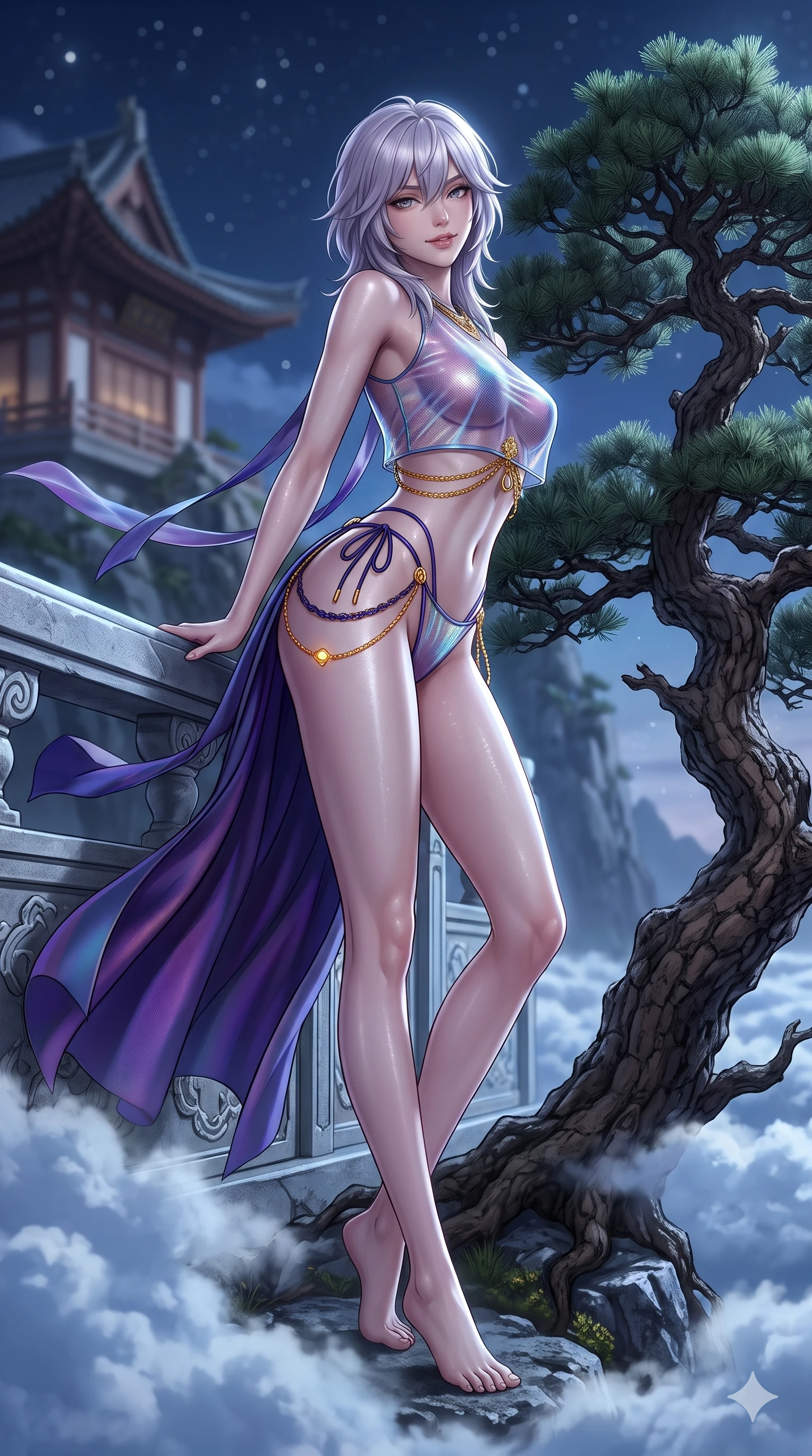 score_9, masterpiece, best quality, ultra-detailed, high-budget anime keyframe, semi-realistic 3D game render, editorial fashion photography, tasteful artistic composition, Japanese woman. low angle full-body shot from head to toe showing her feet, filling the entire 9:16 vertical frame with her statuesque presence, stretching her vertical silhouette. leaning deep against the balcony balustrade with hips cocked back in an unapologetically alluring high-fashion stance, casting an intoxicating glance while twisting her slender torso in an alluring S-curve beside the gnarled thousand-year bonsai pine, moonlit clouds drifting below her feet. The background shows a soft-focus mountain summit sanctuary softened in high-altitude landscape shallow focus. She has an absolutely perfect, statuesque 8.5-heads proportion, an exceptionally tall and slender model-like female figure with impossibly long slender legs, an ultra-slim waist, a flat toned midriff, narrow delicate ribcage, and beautifully sculpted feminine hips creating a graceful, slim hourglass silhouette without any bulky heaviness. sharp v-shaped jawline, high-bridge nose, sparkling eyes with hypnotic seductive depth, thick curled eyelashes, glossy parted lips with a natural dewy peach sheen, alluring bedroom-eyes with an enchanting coquettish smile, exuding magnetic siren charisma and sophisticated glamour, flawlessly proportioned anatomical accuracy, strict slender model proportions, natural body alignment, perfectly sculpted long slender limbs, ultra-slim waistline, clean dynamic posture without body distortion. wearing a translucent iridescent mesh crop top paired with high-cut string bikini bottoms and gold norigae waist chains in midnight indigo and glowing lantern topaz, tailored from heavy double-faced silk faille with an exceptionally fluid drape, finished with long silk ribbon ties fluttering down her bare spine from a backless halter, the bespoke structured tailoring following the natural line of her 8.5-heads silhouette with refined elegance. illuminated by cloud sea upward bounce and sharp silver-topaz rim lights defining her razor-sharp jawline, narrow waist, and curvy hips. highly saturated vibrant anime colors, detailed shading with soft gradients, rich glossy textures, high-contrast stereoscopic depth, volumetric dynamic lighting, master piece, 9:16 ratio