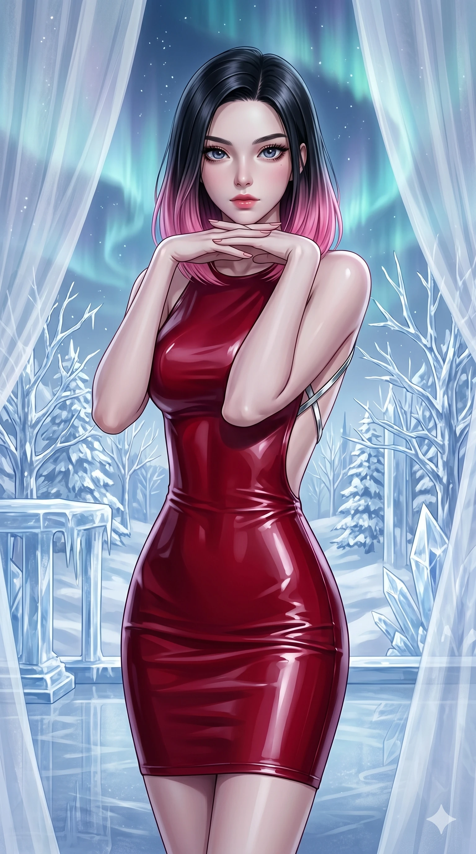 score_9, masterpiece, best quality, ultra-detailed, high-budget anime keyframe, editorial fashion photography, tasteful artistic composition, Korean woman. cowboy shot from the thighs up, character and outfit filling the frame for maximum editorial presence. Resting her chin on the backs of her fingers in a confident pose within a dreamlike floating winter kingdom with frozen crystal trees and aurora skies. She has an absolutely perfect 8-heads proportion, an exceptionally tall and slender female figure with impossibly long slender legs and an ultra-slim waist. V-shaped jawline, high-bridge nose, intricate jewel-like eyes with depth, thick eyelashes, glossy lips with a natural sheen. wearing a structured deep-cherry-red fashion-latex fitted dress with a clean architectural front and a dramatic open-back design with a single criss-cross strap in chrome across the bare back. bathed in cold silver moonlight filtered through translucent gossamer curtains casting soft shadows on her curves. 2k, ultra detail, master piece, 9:16 ratio
