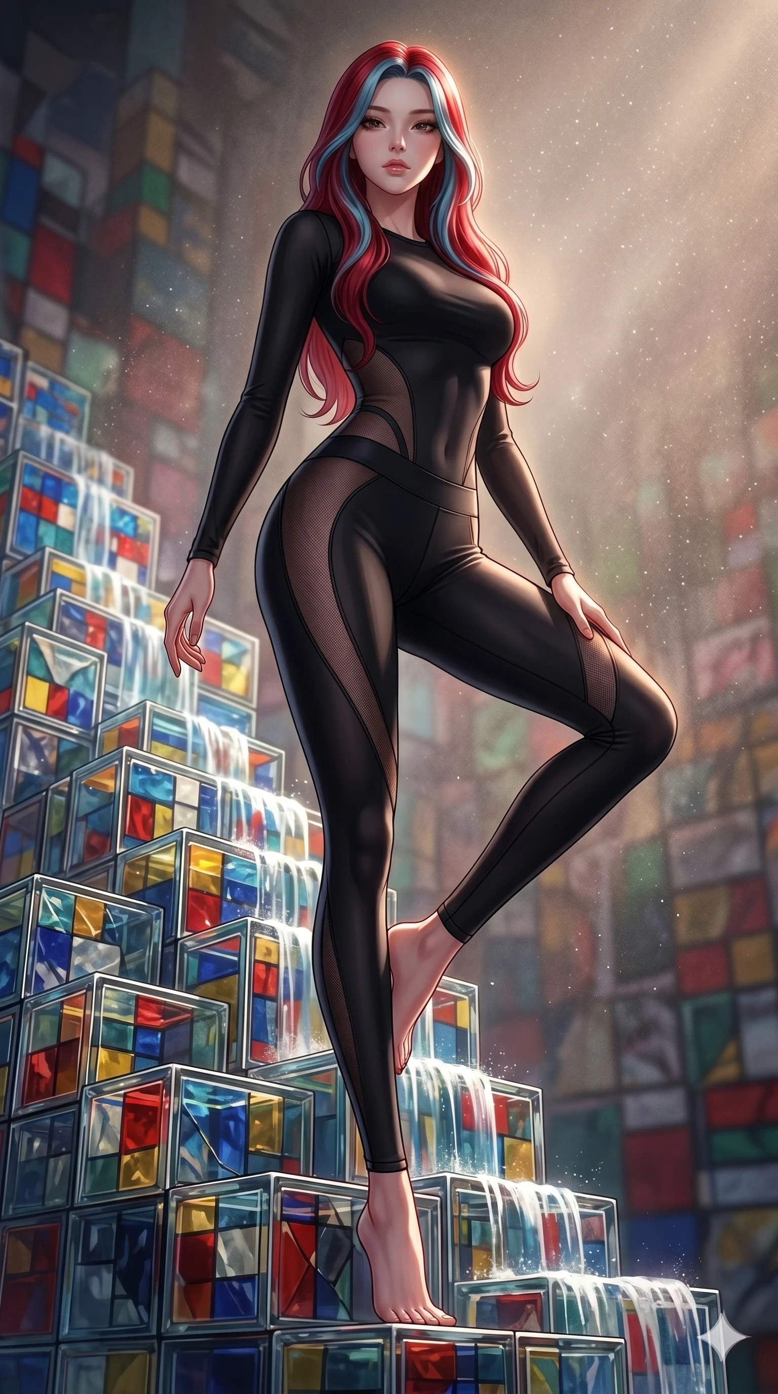 score_9, masterpiece, best quality, ultra-detailed, high-budget anime keyframe, Korean woman. low angle full-body shot filling the entire 9:16 frame with her statuesque presence, stretching the vertical silhouette. balancing on cubist glass blocks that cascade like a waterfall, reflecting complex mosaic patterns and primary colors. She has an absolutely perfect 8-heads proportion, an exceptionally tall and slender female figure with impossibly long slender legs and an ultra-slim waist. V-shaped jawline, high-bridge nose, intricate jewel-like eyes with depth, thick eyelashes, glossy lips with a natural sheen.. wearing a sheer mesh athleisure set, featuring a tight matte black top and leggings with semi-opaque mesh panels tracing the curves of her waist and thighs. illuminated by dramatic chiaroscuro casting soft shadows along her curves, with vibrant backlighting highlighting the dust particles. 2k, ultra detail, master piece, 9:16 ratio