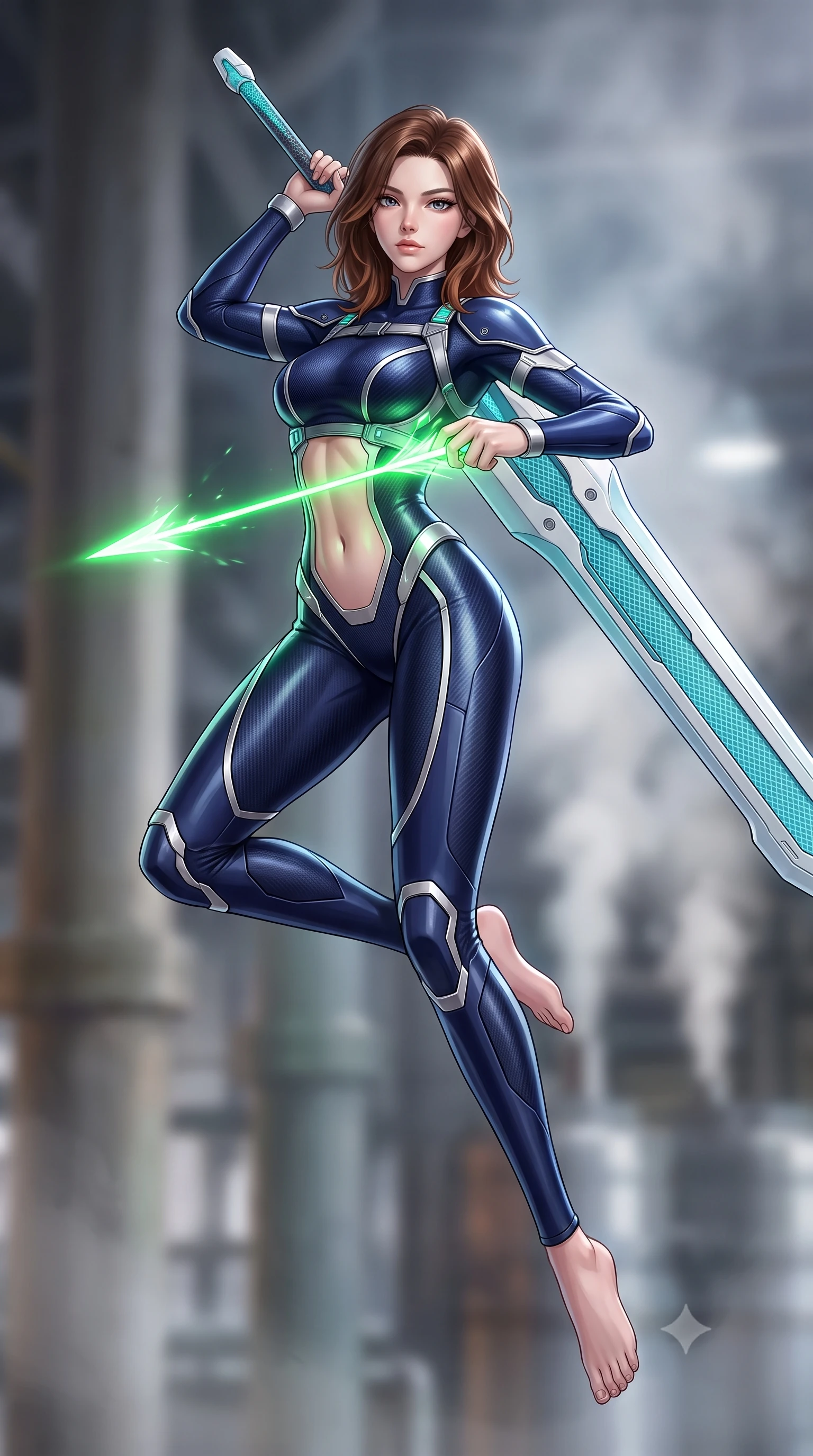 score_9, masterpiece, best quality, ultra-detailed, high-budget anime keyframe, semi-realistic 3D game render, editorial fashion photography, tasteful artistic composition, Korean woman. low angle full-body shot from head to toe showing her feet, filling the entire 9:16 vertical frame with her statuesque presence, stretching her vertical silhouette. arching her spine in a fluid zero-gravity combat turn with sovereign grace, her long slender legs and sculpted torso creating a sweeping line of power while pivoting dynamically as a pure photon arrow forms in her fingers, casting radiant green light across her sculpted flat midriff. The composition keeps background elements in soft focus with creamy bokeh. industrial reactor support pillars and steam condensation vents softened in dreamy atmospheric depth. She has an absolutely perfect, statuesque 8.5-heads proportion, an exceptionally tall and slender model-like female figure with impossibly long slender legs, a toned flat midriff, and an ultra-slim waist. sharp v-shaped jawline, high-bridge nose, intricate jewel-like eyes with depth, thick eyelashes, glossy lips with a natural sheen, flawlessly proportioned anatomical accuracy, strict slender model proportions, natural body alignment, perfectly sculpted long slender limbs, ultra-slim waistline, clean dynamic posture without body distortion. wearing a statuesque midnight cobalt carbon-fiber armor-suit with platinum trim and an ultra-slim waistline, resting a massive sleek high-frequency anti-material greatsword across her shoulder in glacial ice-cyan carbon mesh with pure white armor plates, made of lightweight aerodynamic carbon-titanium alloy with polished edge bevels, reinforced by a sleek titanium tactical harness and glowing micro-energy straps, the sleek second-skin cut tightly hugging her graceful clavicle, narrow waist, and feminine curves with athletic precision. illuminated by crisp white key lighting with sharp specular highlights tracing her slender curves. rich saturated anime colors with glowing neon highlights, detailed shading with soft gradients, rich glossy textures, high-contrast stereoscopic depth, volumetric dynamic lighting, master piece, 9:16 ratio