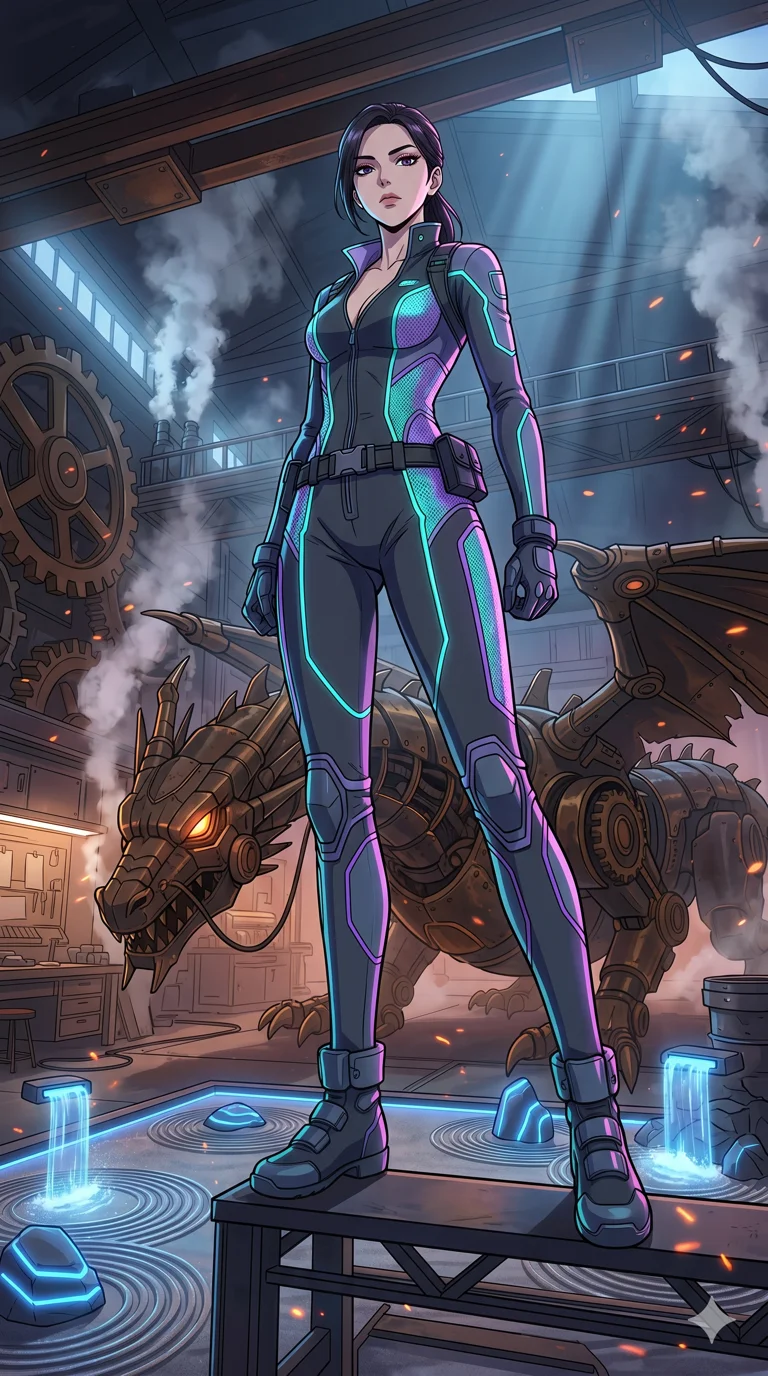 score_9, masterpiece, best quality, ultra-detailed, High-budget Anime Keyframe, vibrant colors, fluid line-art, expressive lighting, cinematic composition, Ufotable-style visual effects, top-tier animation quality, Korean woman with idol-like refined features. Wide-angle low shot emphasizing her impossibly long slender legs and commanding stature. Staring down a colossal mechanical dragon within a sprawling steampunk workshop, steam and embers filling the air. She has an absolutely perfect 8-heads proportion, an exceptionally tall and slender female figure with impossibly long slender legs and an ultra-slim waist, her statuesque height and towering silhouette dominating the vertical 9:16 frame. Her face is a masterpiece featuring a sharp v-shaped jawline, high-bridge nose, intricate jewel-like eyes with depth, thick eyelashes, and glossy lips with a natural sheen. She is wearing a Sci-fi pilot flight suit with an open collar and strategically placed mesh panels crafted from Fluorescent mesh that glows brightly under neon light, highlighting her silhouette, with sheer fabric transparency over her delicate curves and a high-cut silhouette. The scene is set in a serene Zen garden with metallic sand, glowing stones, and a holographic waterfall, illuminated by volumetric light beams cutting through a hazy atmosphere, creating a sense of depth. 2k, ultra detail, master piece, 9:16 ratio