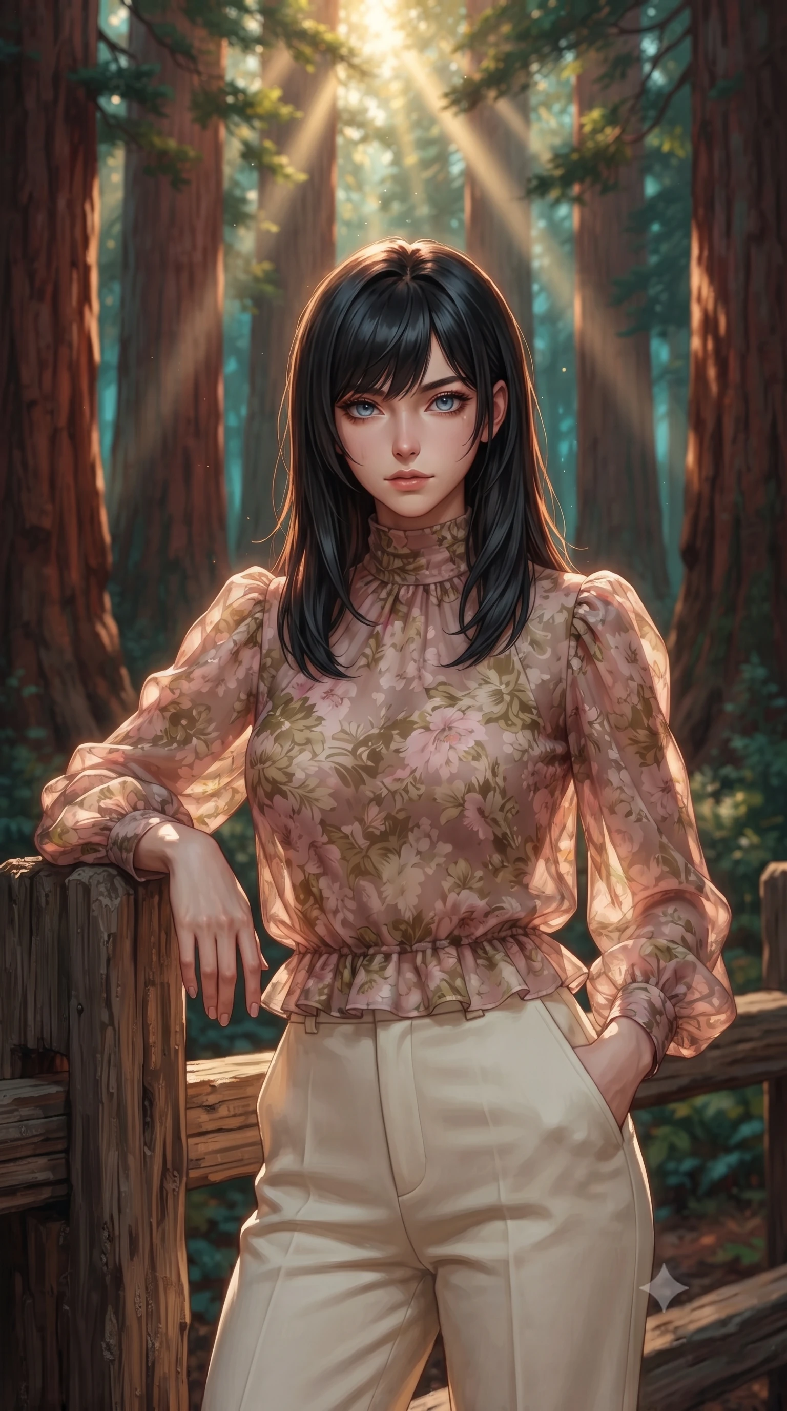 score_9, masterpiece, best quality, ultra-detailed, high-budget anime keyframe, editorial fashion photography, tasteful artistic composition, Caucasian woman, strictly human ears. close-up cowboy shot from the waist and thighs up, the character dominates the composition, filling the frame with her large presence, background elements kept in soft focus. Resting one arm elegantly against a surface with a poised relaxed stance. set against a soft-focus background of standing among the largest trees on earth in a grove of ancient giant sequoias with massive rust-red trunks and shafts of golden light piercing the canopy hundreds of meters above like divine spotlights through green cathedral arches. She has an exceptionally elegant and slender, willowy female figure with an ultra-slim waist, a gracefully sculpted slender torso, and a refined slim physique. sharp v-shaped jawline, high-bridge nose, intricate jewel-like eyes with depth, thick eyelashes, glossy lips with a natural sheen. wearing a sheer floral-print chiffon blouse in soft pink and olive tones, paired with high-waisted cream trousers. warm amber rim lighting combined with cool teal fill light creating dramatic contrast. 2k, ultra detail, master piece, 9:16 ratio