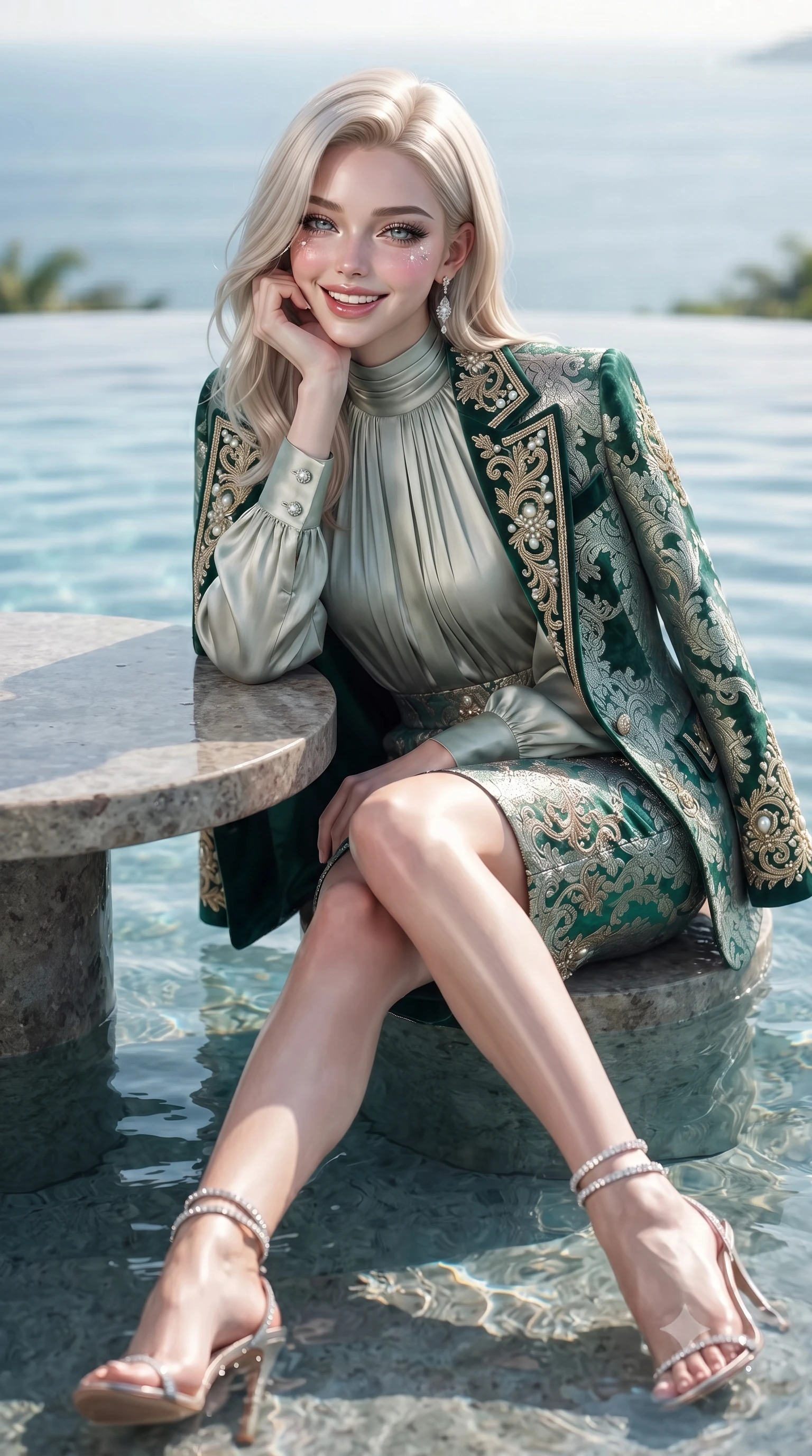 score_9, masterpiece, best quality, ultra-detailed, high-budget anime keyframe, editorial fashion photography, tasteful artistic composition, Caucasian woman. close-up cowboy shot from the waist and thighs up, the character dominates the composition, filling the frame with her large presence. resting one elbow on the table and supporting her chin, leaning close to the camera with heavy-lidded sparkling eyes and parted lips while lounging in the heated water propped on the pool rim with legs extended, her statuesque 8.5-heads silhouette commanding the idyllic seascape. The background shows a soft-focus gentle infinity edge pool overflow ripples softened in billionaire private island sanctuary shallow focus. She has an exceptionally elegant, slender, and willowy female figure with an ultra-slim waist, flat toned midriff, narrow ribcage, and sculpted feminine hips creating an alluring, slim hourglass silhouette without bulk. sharp v-shaped jawline, high-bridge nose, intricate jewel-like sparkling eyes with depth, thick eyelashes, glossy parted lips with a natural peach sheen, bright cheerful beaming smile with an enchanting and coquettish sensual glint, exuding both youthful cute charm and seductive allure, flawlessly proportioned anatomical accuracy, strict slender model proportions, natural body alignment, perfectly sculpted long slender limbs, ultra-slim waistline, clean dynamic posture without body distortion. wearing a bespoke Florentine Medici-embroidered brocade cape blazer draped over a high-neck pleated silk blouse and tailored pencil skirt in Art Nouveau malachite green and antique starlight silver, tailored from ultra-plush silk velvet with rich tactile depth and deep shadow gradients, complemented by strappy stiletto sandals with crystal ankle wraps accentuating her slender calves, the bespoke structured tailoring following the natural line of her 8.5-heads silhouette with refined elegance. illuminated by water surface specular bounce and sharp cyan-and-platinum dual rim lights sculpting her jawline, narrow waist, and curvy hips. ultra-reflective glossy finish, specular highlights, rich textural contrasts, high-contrast stereoscopic depth, volumetric dynamic lighting, 2k, ultra detail, master piece, 9:16 ratio