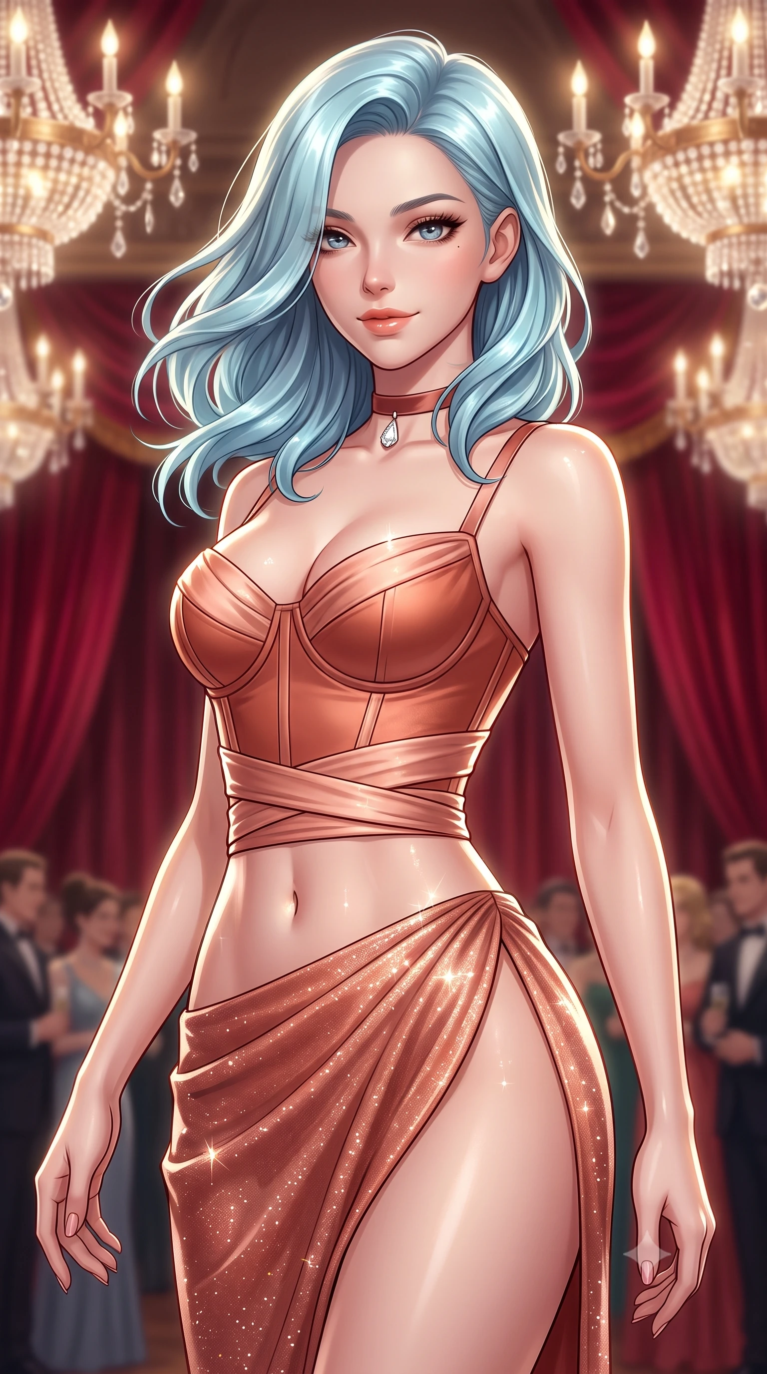 score_9, masterpiece, best quality, ultra-detailed, high-budget anime keyframe, semi-realistic 3D game render, editorial fashion photography, tasteful artistic composition, Korean woman. close-up cowboy shot from the waist and thighs up, the character dominates the composition, filling the frame with her large presence. turning slowly with an enchanting smoldering smile, her glossy hair tossing in the breeze as her hips angle gracefully in a captivating contrapposto while twisting her slender torso in an alluring S-curve, dazzling multi-tiered chandelier lights tracing her flat midriff, narrow waist, and curvy hips. The background shows a soft-focus draped crimson velvet curtains softened in opulent European royal gala shallow focus. She has an exceptionally elegant, slender, and willowy female figure with an ultra-slim waist, flat toned midriff, narrow ribcage, and sculpted feminine hips creating an alluring, slim hourglass silhouette without bulk. sharp v-shaped jawline, high-bridge nose, sparkling eyes with hypnotic seductive depth, thick curled eyelashes, glossy parted lips with a natural dewy peach sheen, alluring bedroom-eyes with an enchanting coquettish smile, exuding magnetic siren charisma and sophisticated glamour, flawlessly proportioned anatomical accuracy, strict slender model proportions, natural body alignment, perfectly sculpted long slender limbs, ultra-slim waistline, clean dynamic posture without body distortion. wearing a structured boned satin corset bodice with obi-inspired wrap ribbon cinching her ultra-slim waistline in Positano terracotta and blush peach, woven from stretch metallic lurex jersey casting radiant starlight glints across her silhouette, finished with a thin velvet ribbon choker and a single teardrop diamond pendant, the high-slit wrap tailoring accentuating her ultra-slim waistline and the enchanting curve of her feminine hips with alluring seductive charm. illuminated by gilded surface bounce and sharp platinum-gold rim lights sculpting her jawline, flat midriff, and voluptuous hip curves. highly saturated vibrant anime colors, detailed shading with soft gradients, rich glossy textures, high-contrast stereoscopic depth, volumetric dynamic lighting, master piece, 9:16 ratio