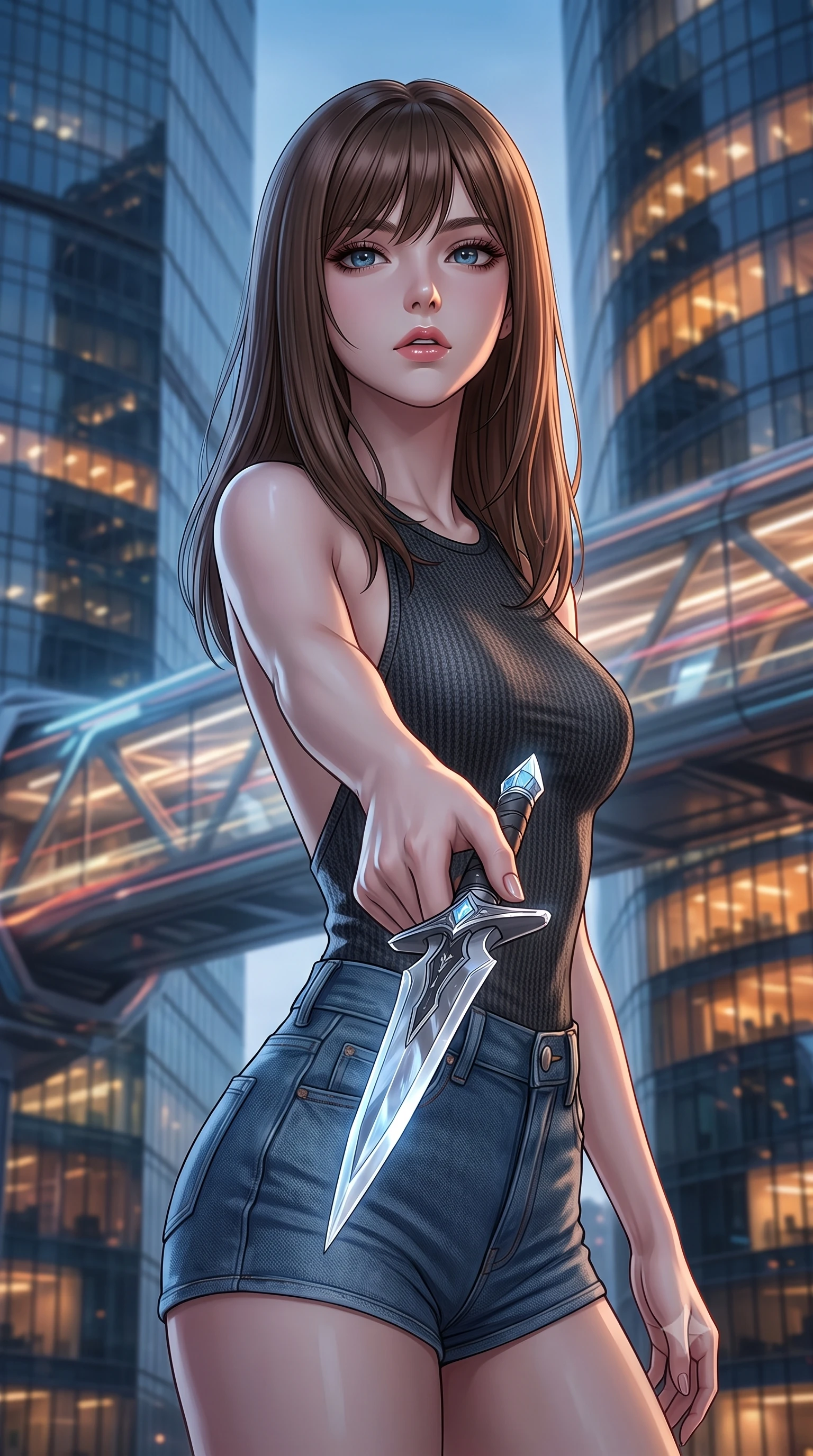 score_9, masterpiece, best quality, ultra-detailed, high-budget anime keyframe, editorial fashion photography, tasteful artistic composition, Korean woman. close-up cowboy shot from the waist and thighs up, the character dominates the composition, filling the frame with her large presence, background elements kept in soft focus. pointing a crystal-edged laser dagger forward in a defensive stance, tilting her chin up slightly with lips parted in a composed pose, the background shows a soft-focus a futuristic skybridge connecting two massive glass skyscrapers at dusk. She has an exceptionally elegant, slender, and willowy female figure with an ultra-slim waist, a gracefully sculpted slender torso, and a refined silhouette. sharp v-shaped jawline, high-bridge nose, intricate jewel-like eyes with depth, thick eyelashes, glossy lips with a natural sheen. wearing a slim-fit backless carbon-fiber knit top in charcoal wool, paired with high-waisted denim micro-shorts. cool twilight key light contrasting with the warm amber glow of internal office windows. highly saturated vibrant anime colors, detailed shading with soft gradients, rich glossy textures, high-contrast stereoscopic depth, volumetric dynamic lighting, master piece, 9:16 ratio