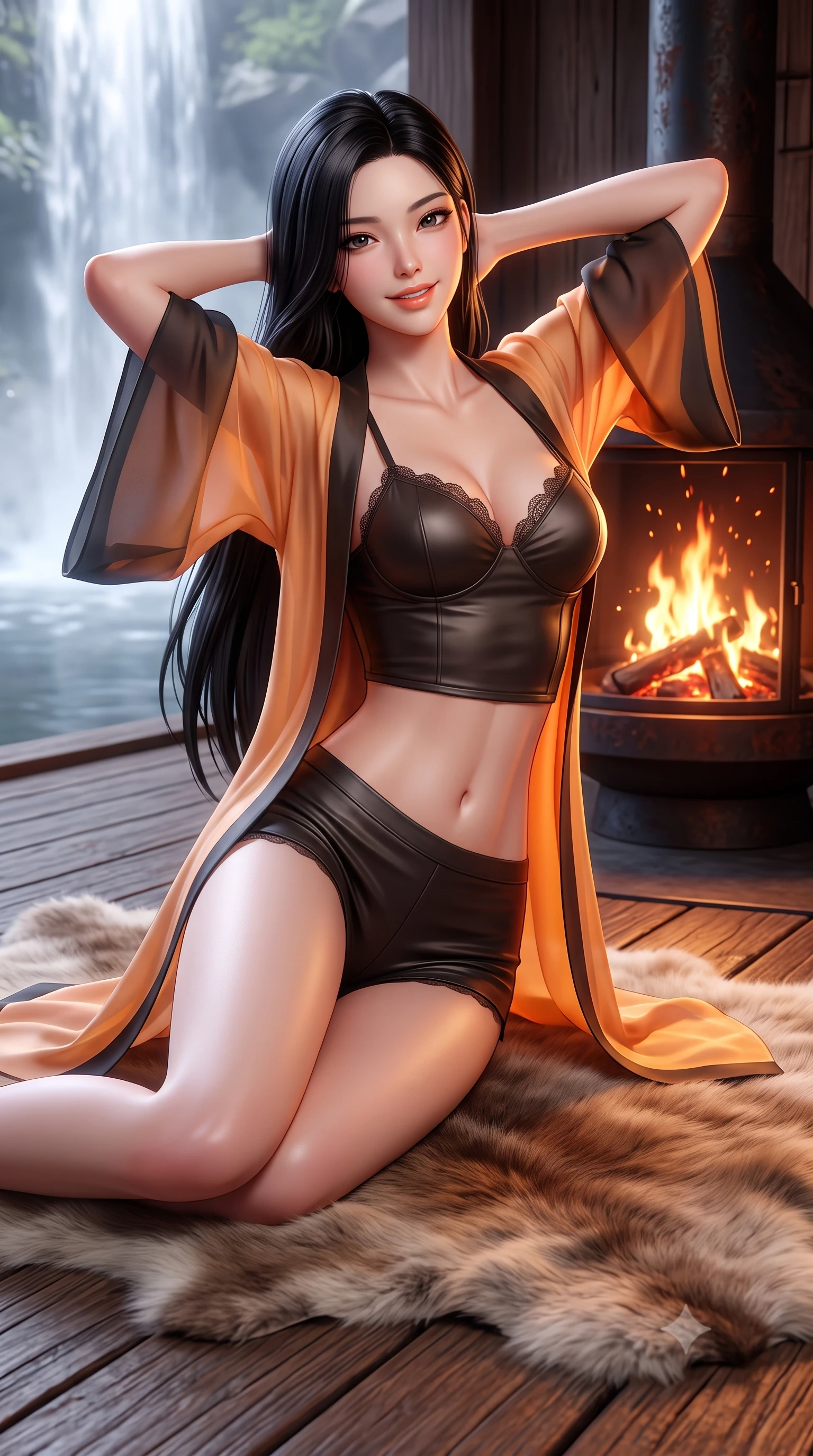 score_9, masterpiece, best quality, ultra-detailed, high-budget anime keyframe, semi-realistic 3D game render, editorial fashion photography, tasteful artistic composition, Korean woman. close-up cowboy shot from the waist and thighs up, the character dominates the composition, filling the frame with her large presence. resting both hands lightly behind her neck with elbows raised, arching her spine to highlight her narrow waist, flat midriff, and breathtaking collarbones while twisting her slender torso in an alluring S-curve on the plush reindeer hide rug, dancing hearth embers highlighting her narrow waist. The surrounding environment is rendered in vivid detail and crisp panoramic clarity: sharp teak boardwalk grain, oxidized steel fireplace curves, and plush natural hide hair textures in deep focus. She has an exceptionally elegant, slender, and willowy female figure with an ultra-slim waist, flat toned midriff, narrow ribcage, and sculpted feminine hips creating an alluring, slim hourglass silhouette without bulk. sharp v-shaped jawline, high-bridge nose, intricate jewel-like sparkling eyes with depth, thick eyelashes, glossy parted lips with a natural peach sheen, bright cheerful beaming smile with an enchanting and coquettish sensual glint, exuding both youthful cute charm and seductive allure, flawlessly proportioned anatomical accuracy, strict slender model proportions, natural body alignment, perfectly sculpted long slender limbs, ultra-slim waistline, clean dynamic posture without body distortion. wearing a translucent gossamer silk robe with wide kimono sleeves worn open over a strappy satin demi-bustier and micro-shorts in Hakone steaming sulfur amber and volcanic basalt black, woven from buttery-soft stretch lambskin leather adhering to her body like a second skin, finished with scalloped eyelash lace trim framing her sweetheart neckline with intimate elegance, the liquid-tight tailored fabric clinging flawlessly to her narrow waist and rounded feminine hips, emphasizing every millimeter of her sculpted slim hourglass curves without any bulky heaviness. bathed in the warm radiant 2100K hearth glow of the central suspended fire bowl mixed with cool silver waterfall mist. highly saturated vibrant anime colors, detailed shading with soft gradients, rich glossy textures, high-contrast stereoscopic depth, volumetric dynamic lighting, master piece, 9:16 ratio