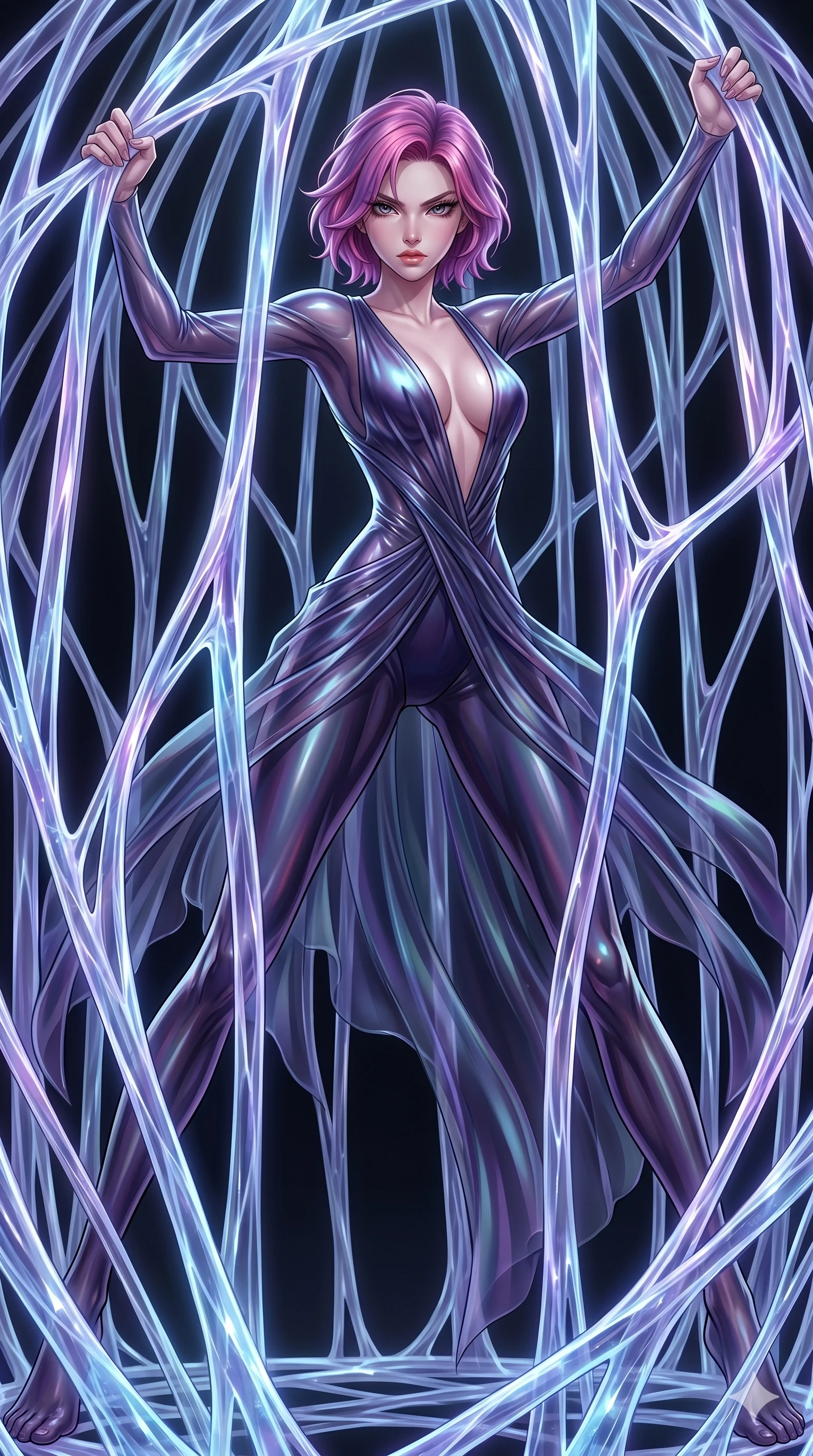 score_9, masterpiece, best quality, ultra-detailed, High-budget Anime Keyframe, East Asian woman. Dynamic full-body shot stretching the vertical silhouette to the limit. Scenario 152: Trapped in a cage of glowing crystalline fibers, body pressing against the bars. Her presence is magnetic and overpowering in this high-budget anime scene. Outfit 152: A molten liquid silk second with a plunging V-neckline and translucent layers. The clothing is designed to emphasize her exceptionally tall and slender 8-heads proportion. 8-heads proportion, towering silhouette, ultra-slim waist. sharp v-shaped jawline, intricate jewel-like eyes with depth, thick eyelashes, glossy lips. 2k, ultra detail, master piece, 9:16 ratio