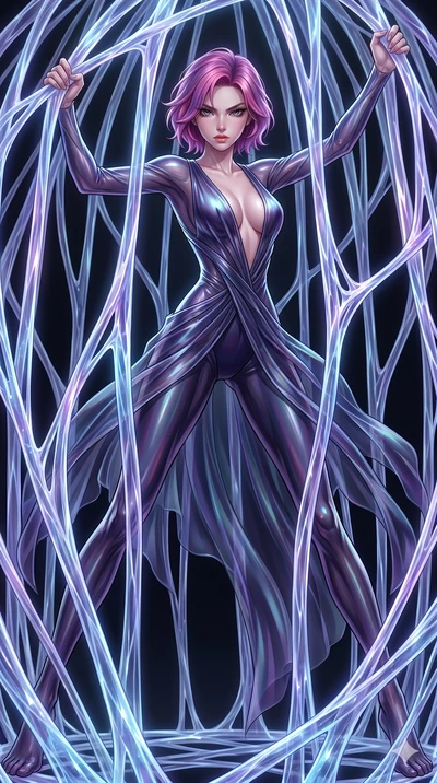 score_9, masterpiece, best quality, ultra-detailed, High-budget Anime Keyframe, East Asian woman. Dynamic full-body shot stretching the vertical silhouette to the limit. Scenario 152: Trapped in a cage of glowing crystalline fibers, body pressing aga