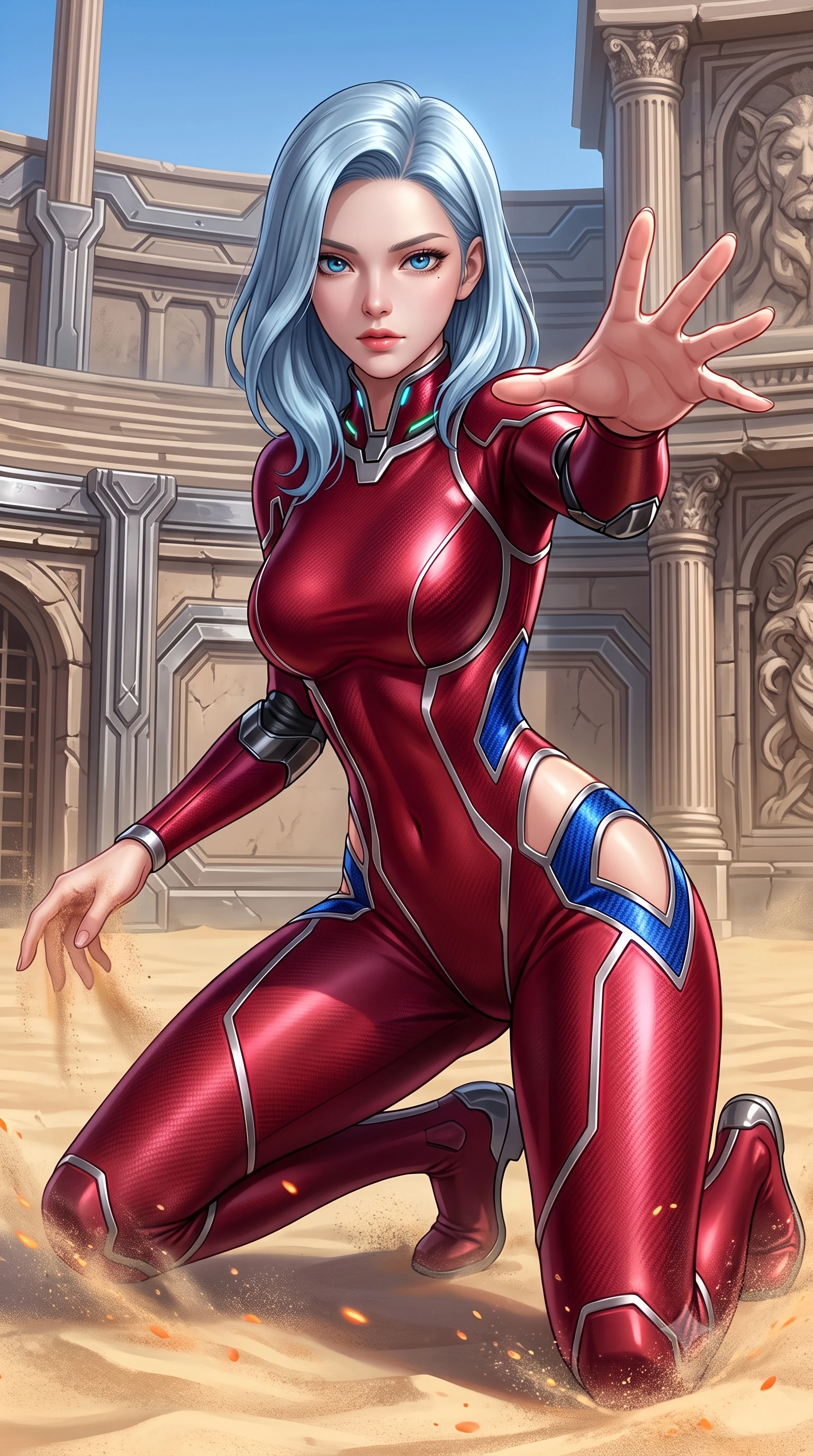 score_9, masterpiece, best quality, ultra-detailed, high-budget anime keyframe, semi-realistic 3D game render, editorial fashion photography, tasteful artistic composition, Korean woman. close-up cowboy shot from the waist and thighs up, the character dominates the composition, filling the frame with her large presence. in a razor-sharp Panzer Kunst fighting guard, one hand extended with palm open in fluid kinetic tension, captivating jewel-like eyes locked onto the viewer with dangerous focus while sliding across the sand into a low defensive crouch with one hand trailing through the golden grains with captivating allure. The surrounding environment is rendered in vivid detail and crisp panoramic clarity. intricate titanium armor plating bevels, colosseum wall carvings, and clear blue sky in high clarity. She has an exceptionally elegant, slender, and willowy female figure with an ultra-slim waist, a gracefully sculpted slender torso, toned flat midriff, and a refined slim silhouette. sharp v-shaped jawline, high-bridge nose, intricate jewel-like eyes with depth, thick eyelashes, glossy lips with a natural sheen, flawlessly proportioned anatomical accuracy, strict slender model proportions, natural body alignment, perfectly sculpted long slender limbs, ultra-slim waistline, clean dynamic posture without body distortion. wearing a skin-tight crimson carbon-weave battle-suit with metallic dark chrome elbow dampers and hip-accentuating cutouts in electric cobalt blue carbon with polished platinum trim, crafted from ultra-strong woven carbon-fiber composite with a satin luster, featuring a sleek aerodynamic collar framed by subtle glowing cybernetic status LEDs, the sleek second-skin cut tightly hugging her graceful clavicle, narrow waist, and feminine curves with athletic precision. illuminated by crisp white key lighting with sharp specular highlights tracing her ultra-slim waist and long legs. rich saturated anime colors with glowing neon highlights, detailed shading with soft gradients, rich glossy textures, high-contrast stereoscopic depth, volumetric dynamic lighting, master piece, 9:16 ratio