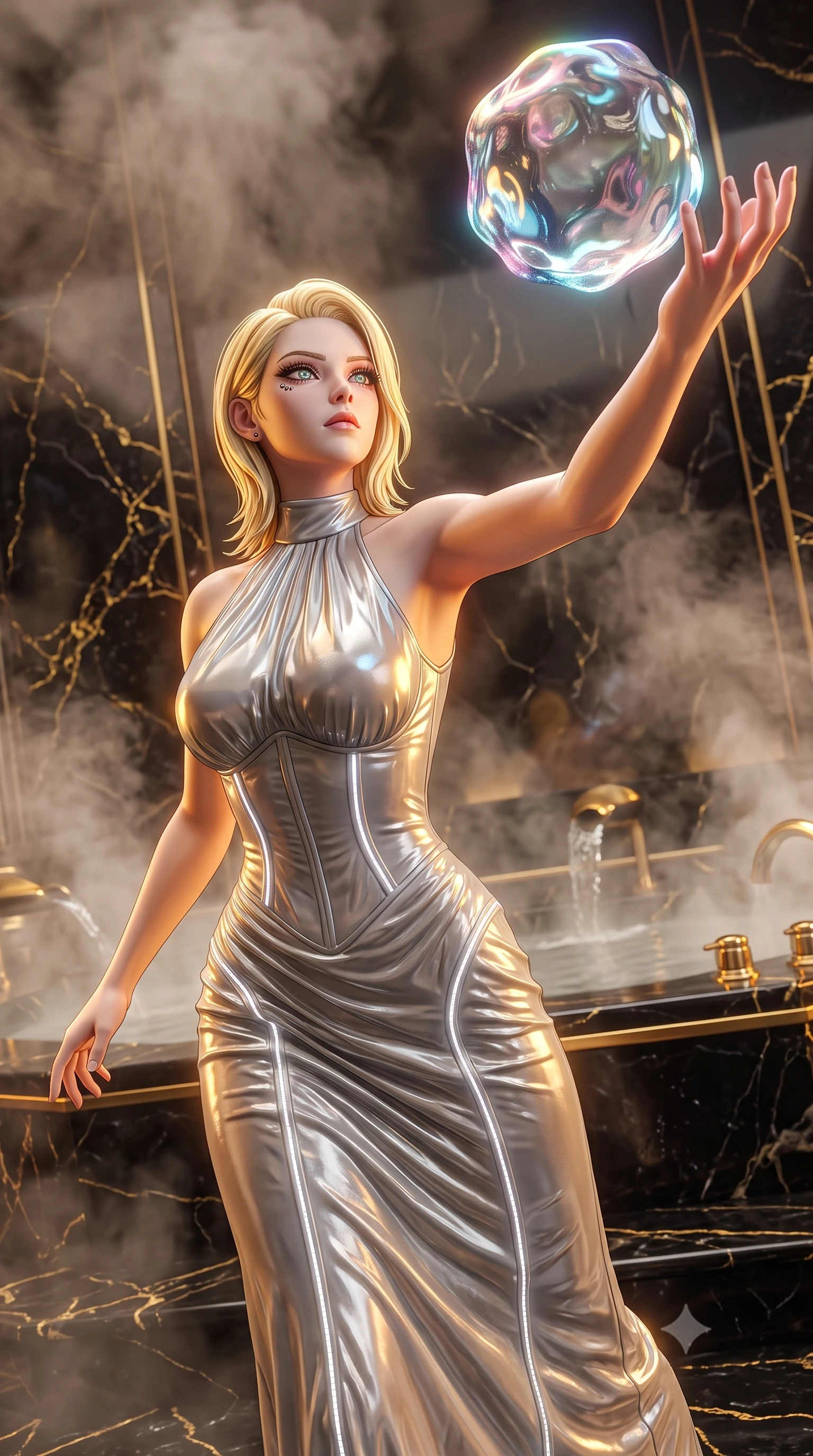 score_9, masterpiece, best quality, ultra-detailed, High-budget Anime Keyframe, Caucasian woman, strictly human ears. Low angle cowboy shot filling the entire 9:16 frame with her statuesque presence. Scenario 473: reaching out to catch a floating sphere of liquid light in a steam-filled bathhouse built of black obsidian stone and gold accents. Her presence is magnetic and overpowering in this high-budget anime scene. Outfit 473: a tailored liquid silver shimmering chiffon corset dress featuring a refined mock-neck collar and glowing LED seams. The clothing is designed to emphasize her exceptionally tall and slender 8-heads proportion. 8-heads proportion, towering silhouette, ultra-slim waist. sharp v-shaped jawline, intricate jewel-like eyes with depth, thick eyelashes, glossy lips. 2k, ultra detail, master piece, 9:16 ratio