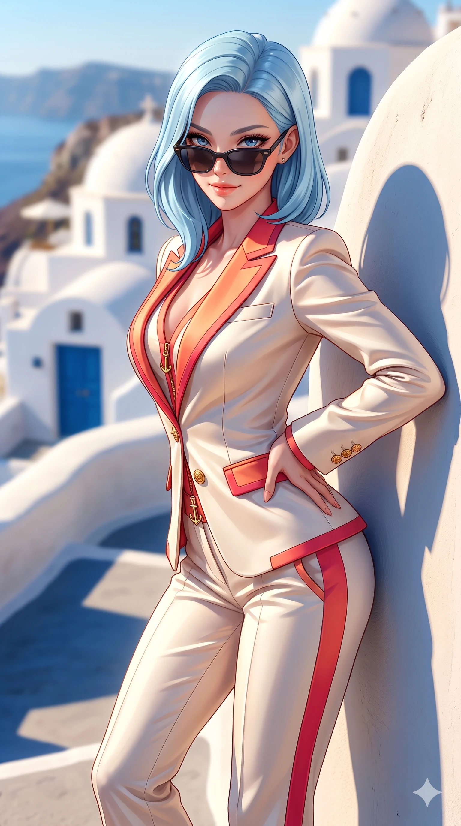 score_9, masterpiece, best quality, ultra-detailed, high-budget anime keyframe, semi-realistic 3D game render, editorial fashion photography, tasteful artistic composition, Korean woman. close-up cowboy shot from the waist and thighs up, the character dominates the composition, filling the frame with her large presence. leaning forward while arching her lower back to accentuate her curvy hips, looking into the camera with an intoxicating smoldering gaze and bedroom-eyes while leaning against the sun-baked curved white wall with hips cocked back, looking through dark sunglasses with an alluring, confident half-smile. The background shows a soft-focus romantic Greek island village softened in clifftop terrace shallow focus. She has an exceptionally elegant, slender, and willowy female figure with an ultra-slim waist, flat toned midriff, narrow ribcage, and sculpted feminine hips creating an alluring, slim hourglass silhouette without bulk. sharp v-shaped jawline, high-bridge nose, sparkling eyes with hypnotic seductive depth, thick curled eyelashes, glossy parted lips with a natural dewy peach sheen, alluring bedroom-eyes with an enchanting coquettish smile, exuding magnetic siren charisma and sophisticated glamour, flawlessly proportioned anatomical accuracy, strict slender model proportions, natural body alignment, perfectly sculpted long slender limbs, ultra-slim waistline, clean dynamic posture without body distortion. wearing a structured Riviera tailored pantsuit in liquid ivory silk with golden nautical button accents in blazing sunset peach and deep coral crimson, tailored from second-skin technical compression neoprene with athletic curve-sculpting stretch, finished with sleek heavy-duty brass anchor zip pulls and nautical hardware, the impeccably tailored cut draping gracefully along her slender figure with aristocratic resort poise. bathed in the intense, crystal-clear 4000K Mediterranean sun casting crisp, geometric dark blue shadows on organic white plaster surfaces. highly saturated vibrant anime colors, detailed shading with soft gradients, rich glossy textures, high-contrast stereoscopic depth, volumetric dynamic lighting, master piece, 9:16 ratio