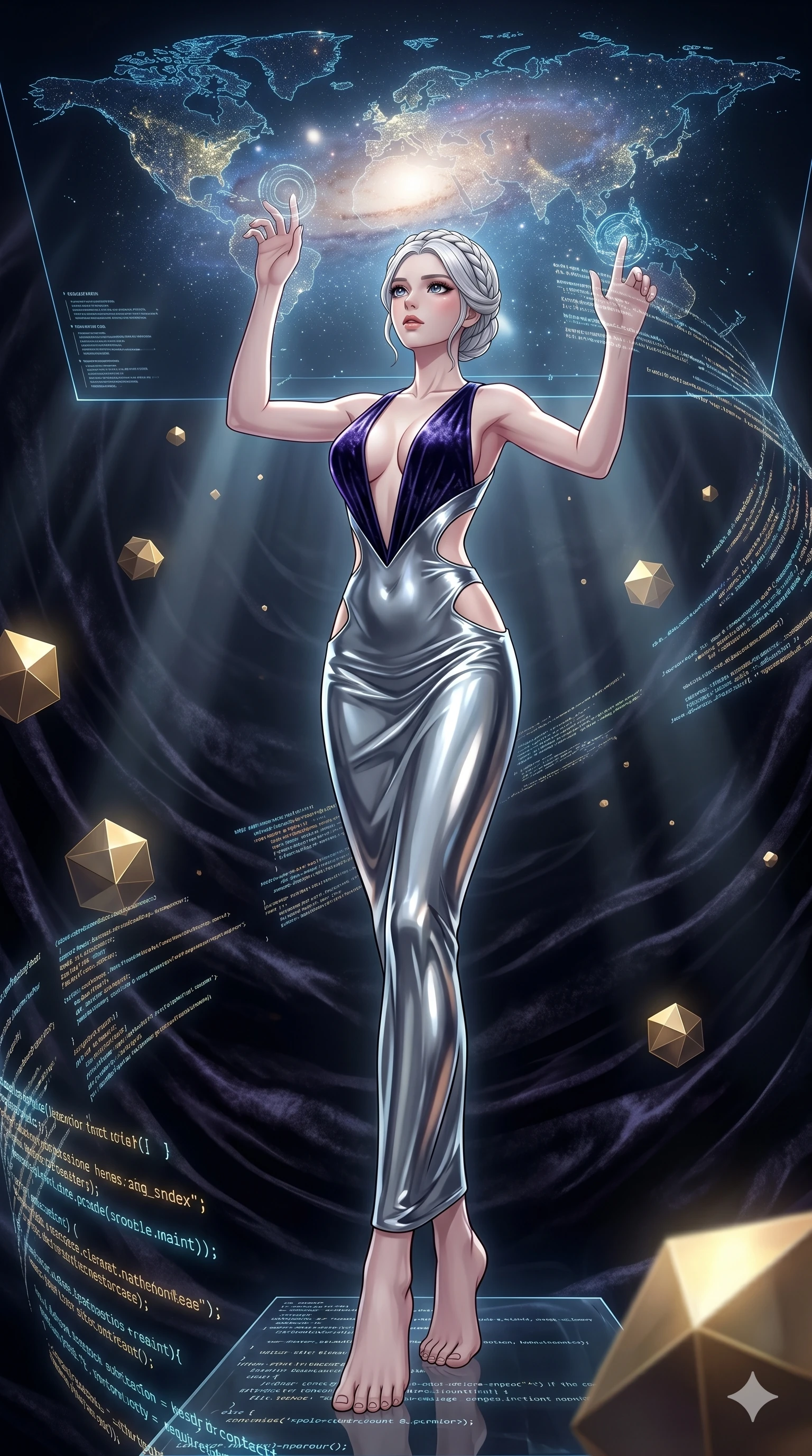 score_9, masterpiece, best quality, ultra-detailed, High-budget Anime Keyframe, vibrant colors, fluid line-art, expressive lighting, cinematic composition, Ufotable-style visual effects, top-tier animation quality, Japanese woman with delicate and elegant anime-inspired features. Low angle cowboy shot filling the entire 9:16 frame with her statuesque presence, looking up to emphasize her height. Scanning a massive 3D holographic map of the entire galaxy, her eyes reflecting the glow of thousands of stars. She has an absolutely perfect 8-heads proportion, an exceptionally tall and slender female figure with impossibly long slender legs and an ultra-slim waist, her statuesque height and towering silhouette dominating the vertical 9:16 frame. Her face is a masterpiece featuring a sharp v-shaped jawline, high-bridge nose, intricate jewel-like eyes with depth, thick eyelashes, and glossy lips with a natural sheen. She is wearing a Liquid mercury fabric dress that clings perfectly to her every curve with a deep plunging neckline crafted from Crushed dark velvet with a deep, rich texture that absorbs light and glows at the edges, featuring strategic side cut-outs that emphasize her ultra-slim waist and hips. The scene is set in an abstract digital void with floating golden geometric shapes and rivers of flowing code, illuminated by volumetric light beams cutting through a hazy atmosphere, creating a sense of depth. 2k, ultra detail, master piece, 9:16 ratio