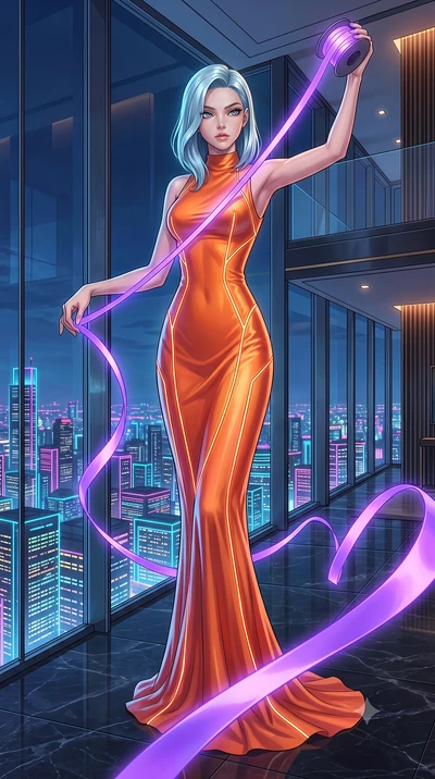 score_9, masterpiece, best quality, ultra-detailed, High-budget Anime Keyframe, East Asian woman. Dynamic full-body shot stretching the vertical silhouette to the limit. Scenario 540: unravelling a spool of glowing violet ribbon in a luxury penthouse