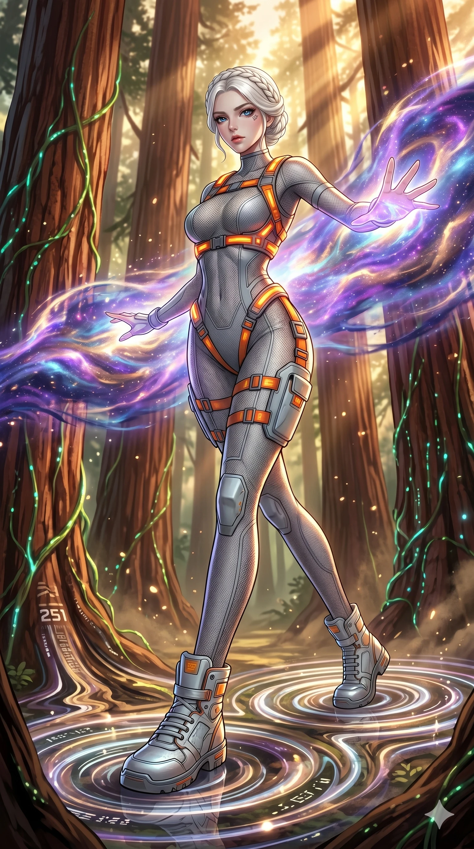 score_9, masterpiece, best quality, ultra-detailed, Set A: High-budget Anime Keyframe, Korean woman. Low angle cowboy shot filling the entire 9:16 frame with her statuesque presence. Theme: Abstract Cosmic. unleashing a massive energy wave in a giant redwood forest with glowing vines, as she steps on ripples of time that distort the space 251. The atmosphere is filled with cinematic sunlight through leaves. She has an absolutely perfect 8-heads proportion, an exceptionally tall and slender female figure with impossibly long slender legs and an ultra-slim waist. Sharp v-shaped jawline, high-bridge nose, intricate jewel-like eyes with depth, glossy lips. Wearing Industrial worker-chic with a glowing orange harness over a mesh bodysuit. Cinematic lighting, vivid colors, dramatic shadows, 2k, ultra detail, master piece, 9:16 ratio