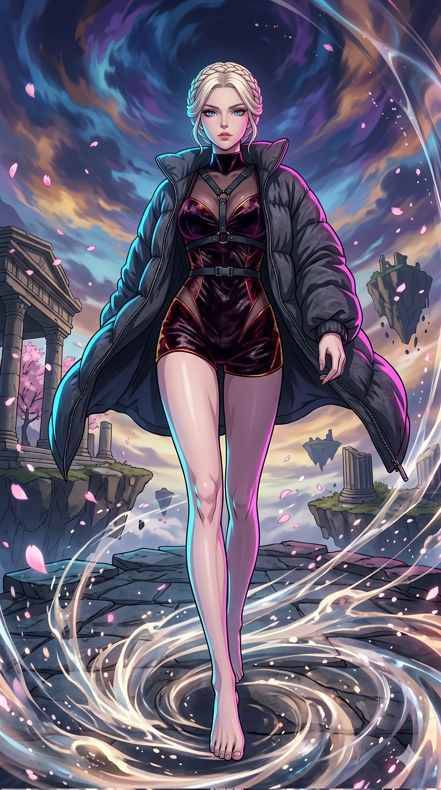 score_9, masterpiece, best quality, ultra-detailed, High-budget Anime Keyframe, vibrant colors, fluid line-art, expressive lighting, cinematic composition, Ufotable-style visual effects, top-tier animation quality, Caucasian woman with pale skin, blonde hair, and (strictly human ears). Dynamic full-body shot stretching the vertical silhouette, capturing her from a powerful low-angle perspective. Warping the very fabric of reality around her as she walks, the ground turning into liquid and the sky changing colors. She has an absolutely perfect 8-heads proportion, an exceptionally tall and slender female figure with impossibly long slender legs and an ultra-slim waist, her statuesque height and towering silhouette dominating the vertical 9:16 frame. Her face is a masterpiece featuring a sharp v-shaped jawline, high-bridge nose, intricate jewel-like eyes with depth, thick eyelashes, and glossy lips with a natural sheen. She is wearing a Oversized puffer jacket worn over a micro-shorts and harness set, unzipped to reveal her chest crafted from Crushed dark velvet with a deep, rich texture that absorbs light and glows at the edges, with sheer fabric transparency over her delicate curves and a high-cut silhouette. The scene is set in an ancient floating island with pink cherry blossoms falling like snow against a blue sky, illuminated by harsh neon light and deep shadows creating a high-contrast noir aesthetic. 2k, ultra detail, master piece, 9:16 ratio