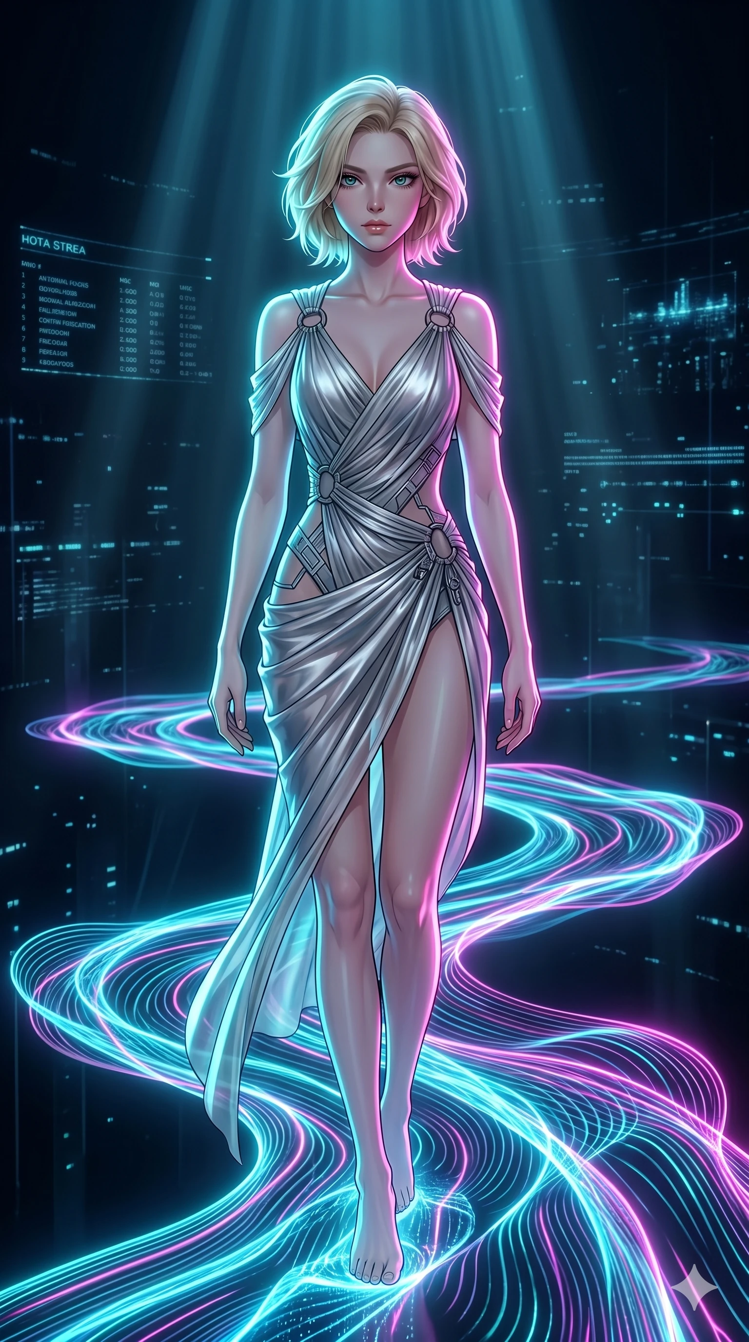 score_9, masterpiece, best quality, ultra-detailed, high-budget anime keyframe, Japanese woman. upper body close-up from the thighs up, character filling the screen for maximum presence. stepping on holographic fluid ribbons of sound that ripple with cyan and magenta light in a dark virtual void. She has an absolutely perfect 8-heads proportion, an exceptionally tall and slender female figure with impossibly long slender legs and an ultra-slim waist. V-shaped jawline, high-bridge nose, intricate jewel-like eyes with depth, thick eyelashes, glossy lips with a natural sheen.. wearing a draped Grecian cyber-gown, featuring draped silver metallic chiffon held by metal ring hardware, displaying a high-leg line. bathed in brilliant cinematic volumetric lighting and intense neon rim light highlighting her slender form. 2k, ultra detail, master piece, 9:16 ratio