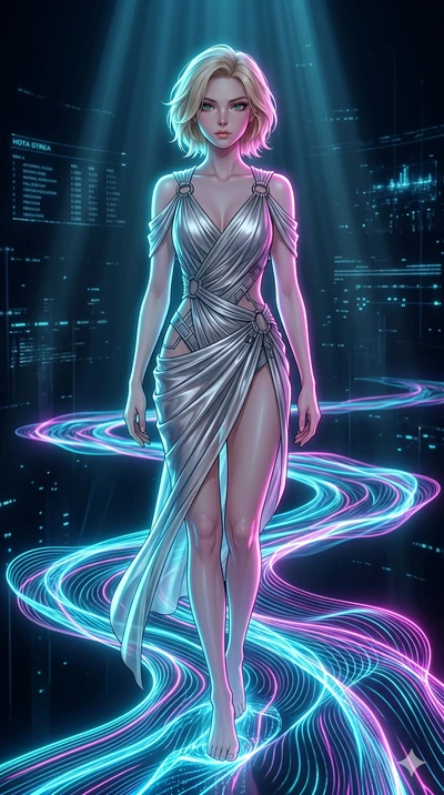 score_9, masterpiece, best quality, ultra-detailed, high-budget anime keyframe, Japanese woman. upper body close-up from the thighs up, character filling the screen for maximum presence. stepping on holographic fluid ribbons of sound that ripple with