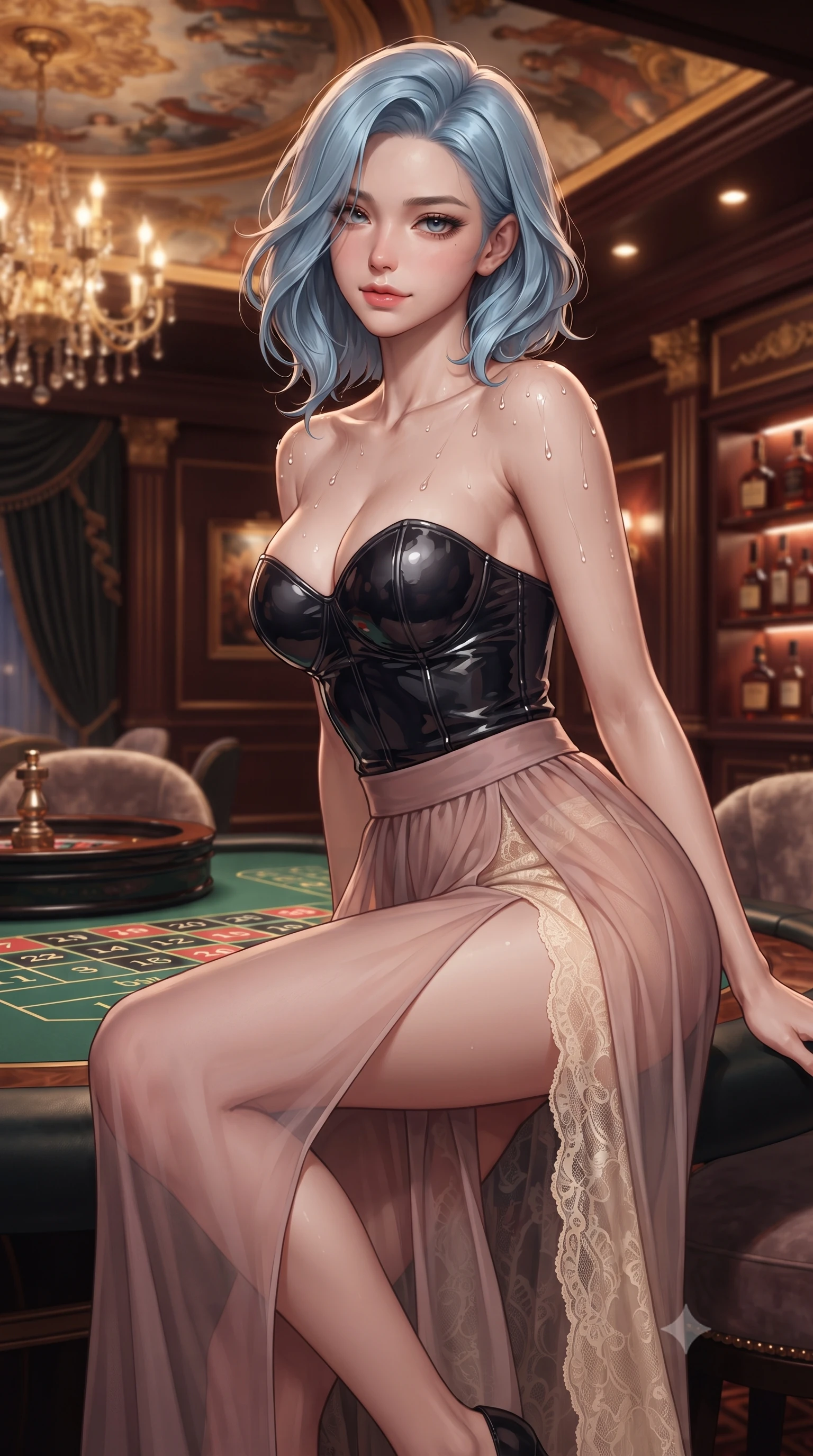 score_9, masterpiece, best quality, ultra-detailed, high-budget anime keyframe, editorial fashion photography, tasteful artistic composition, Korean woman. close-up cowboy shot from the waist and thighs up, the character dominates the composition, filling the frame with her large presence. perched sideways on the lounge seat, one knee drawn up to showcase her slender leg line while her arched back accentuates her feminine hip curve while standing poised beside the green baize roulette table with hips cocked back, casting an intoxicating, heavy-lidded smile. The background shows a soft-focus gilded ceiling frescoes, dark mahogany moldings, and shelves of rare cognacs blurred into honey, topaz, and deep mahogany bokeh. She has an exceptionally elegant, slender, and willowy female figure with an ultra-slim waist, flat toned midriff, narrow ribcage, and sculpted feminine hips creating an alluring, slim hourglass silhouette without bulk. sharp v-shaped jawline, high-bridge nose, sparkling eyes with hypnotic seductive depth, thick curled eyelashes, glossy parted lips with a natural dewy peach sheen, alluring bedroom-eyes with an enchanting coquettish smile, exuding magnetic siren charisma and sophisticated glamour, flawlessly proportioned anatomical accuracy, strict slender model proportions, natural body alignment, perfectly sculpted long slender limbs, ultra-slim waistline, clean dynamic posture without body distortion. wearing a wet-look form-fitting vinyl bustier paired with sheer chiffon high-slit wide-leg trousers in dusky blush pink and warm ivory lace, made of sheer gossamer chiffon that drapes softly against skin with airy translucence, finished with glistening drops of pool water beading across her sculpted shoulders and collarbones, the form-contouring silhouette accentuating her sculpted flat midriff, narrow delicate ribcage, and gracefully curvy hips with intoxicating allure. illuminated by chandelier reflections and sharp warm-amber rim lights defining her delicate clavicles, ultra-slim waist, and curvy hips. ultra-reflective glossy finish, specular highlights, rich textural contrasts, high-contrast stereoscopic depth, volumetric dynamic lighting, 2k, ultra detail, master piece, 9:16 ratio