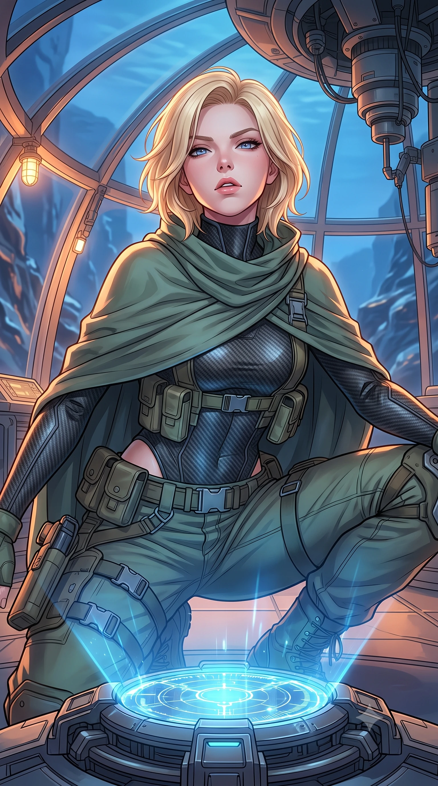 score_9, masterpiece, best quality, ultra-detailed, high-budget anime keyframe, editorial fashion photography, tasteful artistic composition, Caucasian woman. close-up cowboy shot from the waist and thighs up, the character dominates the composition, filling the frame with her large presence, background elements kept in soft focus. crouching slightly behind a glowing holographic shield emitter, looking up with defiance and lips slightly parted, the background shows a soft-focus an undersea dome veranda overlooking a canyon of liquid metal in twilight. She has an exceptionally elegant, slender, and willowy female figure with an ultra-slim waist, a gracefully sculpted slender torso, and a refined silhouette. sharp v-shaped jawline, high-bridge nose, intricate jewel-like eyes with depth, thick eyelashes, glossy lips with a natural sheen. wearing a body-hugging tactical combat cloak in muted green cotton, draped over a high-collar carbon-weave under-armor suit and cargo pants. cool blue twilight sky contrasting with warm interior light from the dome. highly saturated vibrant anime colors, detailed shading with soft gradients, rich glossy textures, high-contrast stereoscopic depth, volumetric dynamic lighting, master piece, 9:16 ratio