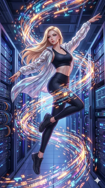 score_9, masterpiece, best quality, ultra-detailed, photorealistic 8k CG, hyper-detailed textures, ray-tracing, Japanese woman. Mid-air action shot capturing a graceful twist and vertical silhouette. summoning a whirlwind of glowing data-shards in a 