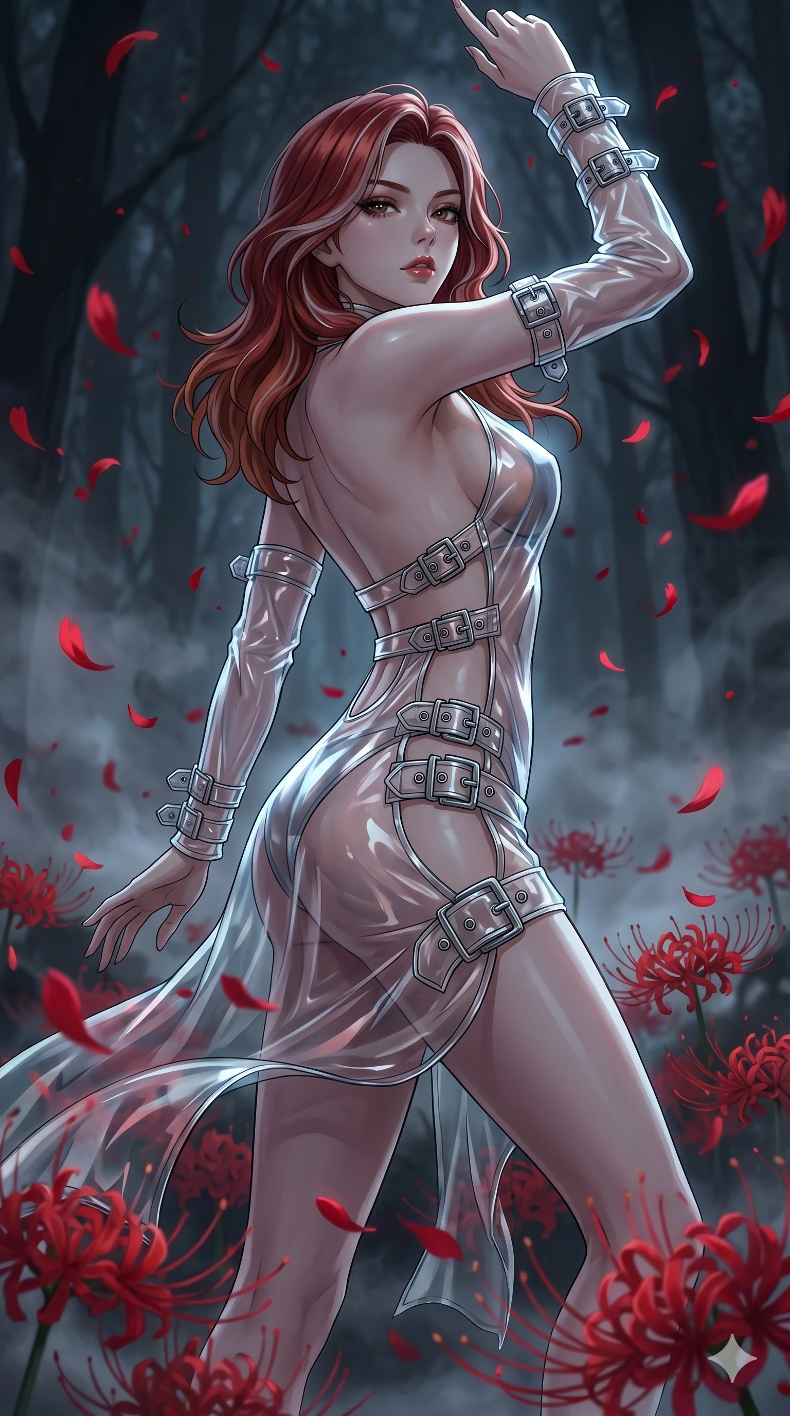 score_9, masterpiece, best quality, ultra-detailed, High-budget Anime Keyframe, East Asian woman. Low angle cowboy shot filling the entire 9:16 frame with her statuesque presence. Scenario 155: Dancing amidst falling red spider lilies in a misty dark forest. Her presence is magnetic and overpowering in this high-budget anime scene. Outfit 155: A translucent PVC bare with a backless design and metallic buckles. The clothing is designed to emphasize her exceptionally tall and slender 8-heads proportion. 8-heads proportion, towering silhouette, ultra-slim waist. sharp v-shaped jawline, intricate jewel-like eyes with depth, thick eyelashes, glossy lips. 2k, ultra detail, master piece, 9:16 ratio