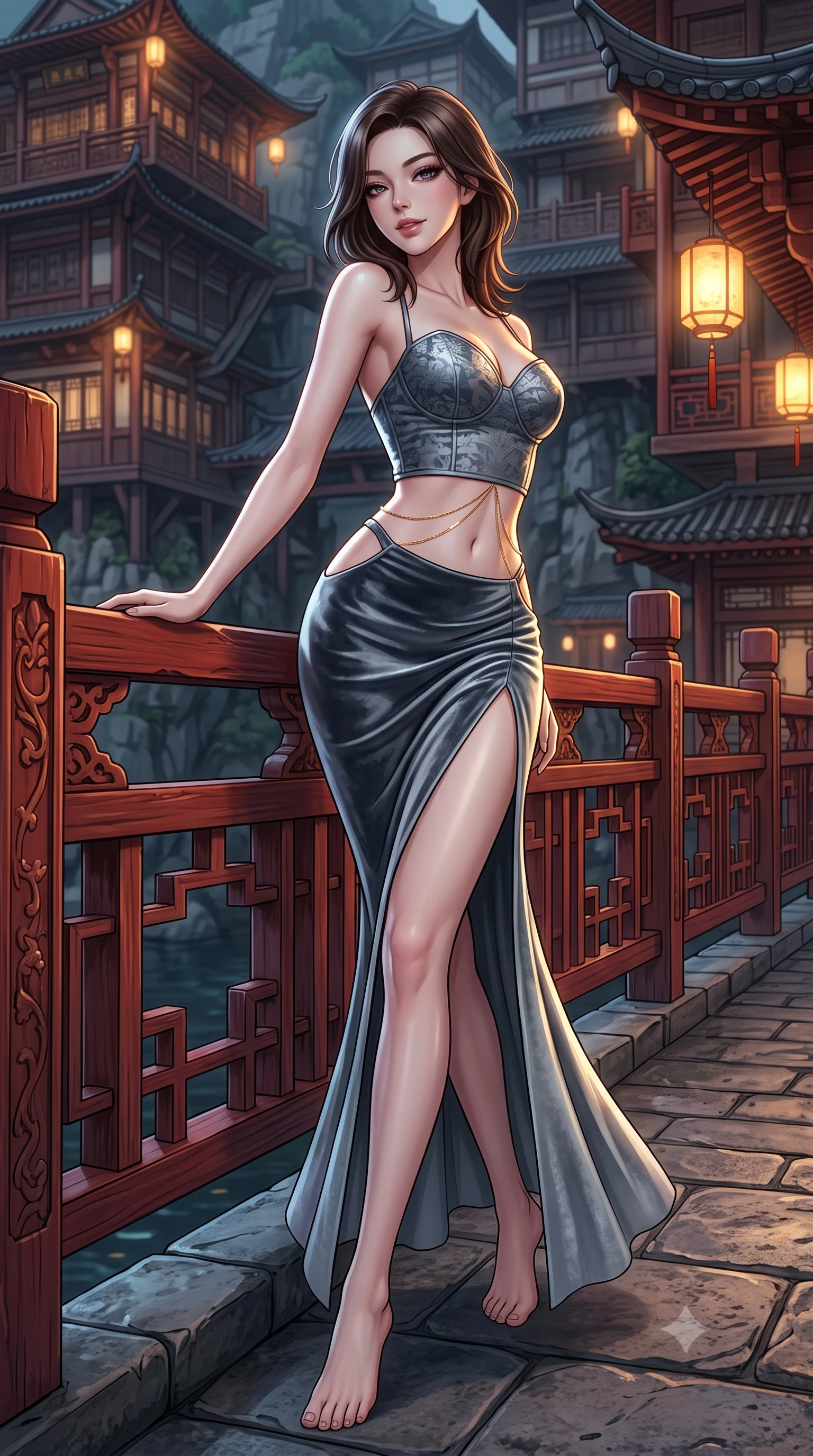 score_9, masterpiece, best quality, ultra-detailed, high-budget anime keyframe, semi-realistic 3D game render, editorial fashion photography, tasteful artistic composition, Korean woman. low angle full-body shot from head to toe showing her feet, filling the entire 9:16 vertical frame with her statuesque presence, stretching her vertical silhouette. stepping forward gracefully across the stone bridge in mid-motion with a radiant beaming smile, hips swaying in an alluring kinetic rhythm that accentuates her curvy hourglass silhouette and long slender legs while leaning against the carved red timber railing with hips cocked back, looking over her shoulder with an intoxicating, smoldering half-smile. The surrounding environment is rendered in vivid detail and crisp panoramic clarity: detailed brocade gown sheen, lantern specular highlights on skin, and Chongqing cliffside architecture in high resolution. She has an absolutely perfect, statuesque 8.5-heads proportion, an exceptionally tall and slender model-like female figure with impossibly long slender legs, an ultra-slim waist, a flat toned midriff, narrow delicate ribcage, and beautifully sculpted feminine hips creating a graceful, slim hourglass silhouette without any bulky heaviness. sharp v-shaped jawline, high-bridge nose, intricate jewel-like dark sparkling almond eyes with depth, thick lashes, glossy parted lips with a natural rose-plum sheen, bright alluring and coquettish smile with bedroom-eyes, exuding both timeless oriental elegance and sovereign high-fashion allure, flawlessly proportioned anatomical accuracy, strict slender model proportions, natural body alignment, perfectly sculpted long slender limbs, ultra-slim waistline, clean dynamic posture without body distortion. wearing a sweetheart-neckline oriental jacquard bustier top paired with a curve-hugging high-slit mermaid maxi skirt in misty ink-wash slate grey and liquid silver, crafted from sumptuous crushed winter velvet with deep light-absorbing plushness, accented with a delicate gold body chain draping loosely across her flat midriff, the precision-cut side hip slits and low-back scoop framing her graceful spine and the sensual sweep of her slim, toned hips. illuminated by dark river surface reflection bounce and sharp gold rim lighting sculpting her razor-sharp jawline, narrow waist, and curvy hips. highly saturated vibrant anime colors, detailed shading with soft gradients, rich glossy textures, high-contrast stereoscopic depth, volumetric dynamic lighting, master piece, 9:16 ratio