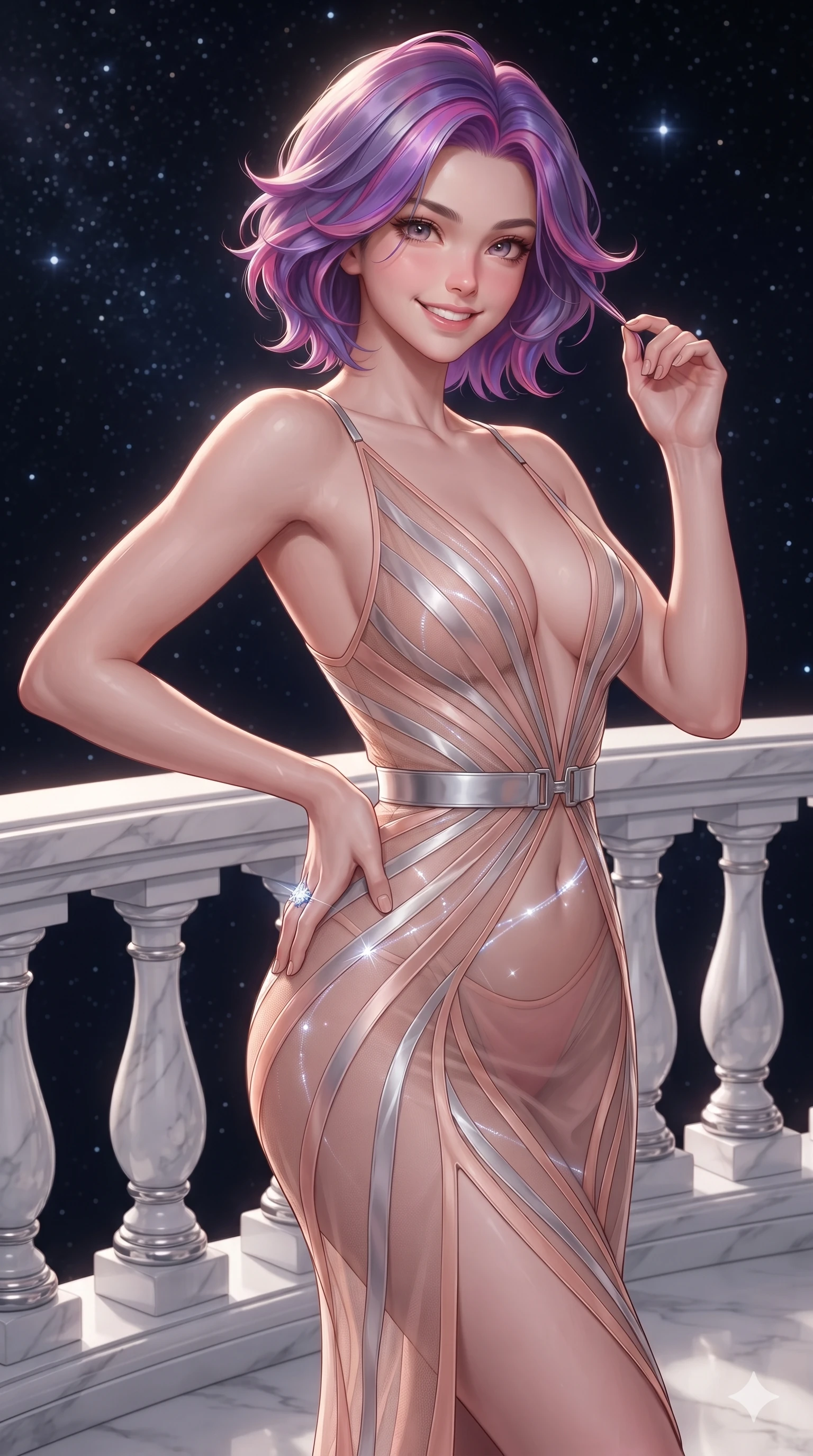 score_9, masterpiece, best quality, ultra-detailed, high-budget anime keyframe, editorial fashion photography, tasteful artistic composition, Caucasian woman. close-up cowboy shot from the waist and thighs up, the character dominates the composition, filling the frame with her large presence. twisting her slender torso in an alluring contrapposto stance, one hand resting on her sculpted hip while her fingers toy with her hair with effortless poise while twisting her slender torso in an alluring S-curve, celestial diamond starlight and platinum ring glows casting silver light ribbons across her flat midriff and hourglass curves. The surrounding environment is rendered in vivid detail and crisp panoramic clarity: sharp white Carrara marble balustrade carvings, polished platinum ring bevels, and razor-sharp star points in deep focus. She has an exceptionally elegant, slender, and willowy female figure with an ultra-slim waist, flat toned midriff, narrow ribcage, and sculpted feminine hips creating an alluring, slim hourglass silhouette without bulk. sharp v-shaped jawline, high-bridge nose, intricate jewel-like sparkling eyes with depth, thick eyelashes, glossy parted lips with a natural peach sheen, bright cheerful beaming smile with an enchanting and coquettish sensual glint, exuding both youthful cute charm and seductive allure, flawlessly proportioned anatomical accuracy, strict slender model proportions, natural body alignment, perfectly sculpted long slender limbs, ultra-slim waistline, clean dynamic posture without body distortion. wearing a plunge-front sheer illusion tulle slip dress with liquid platinum ribbon stripes hugging her curves in Solaris liquid rose-quartz and alien peach, woven from buttery-soft stretch lambskin leather adhering to her body like a second skin, finished with sleek magnetic buckle closures fluttering in the breeze, the liquid-tight tailored fabric clinging flawlessly to her narrow waist and rounded feminine hips, emphasizing every millimeter of her sculpted slim hourglass curves without any bulky heaviness. bathed in the unpolluted brilliant diamond sparkle of deep space starlight mixed with soft warm 2800K balcony edge lighting. ultra-reflective glossy finish, specular highlights, rich textural contrasts, high-contrast stereoscopic depth, volumetric dynamic lighting, 2k, ultra detail, master piece, 9:16 ratio