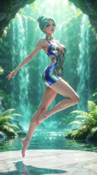 score_9, masterpiece, best quality, ultra-detailed, high-budget anime keyframe, editorial fashion photography, tasteful artistic composition, Japanese woman. low angle full-body shot from head to toe showing her feet, filling the entire 9:16 vertical