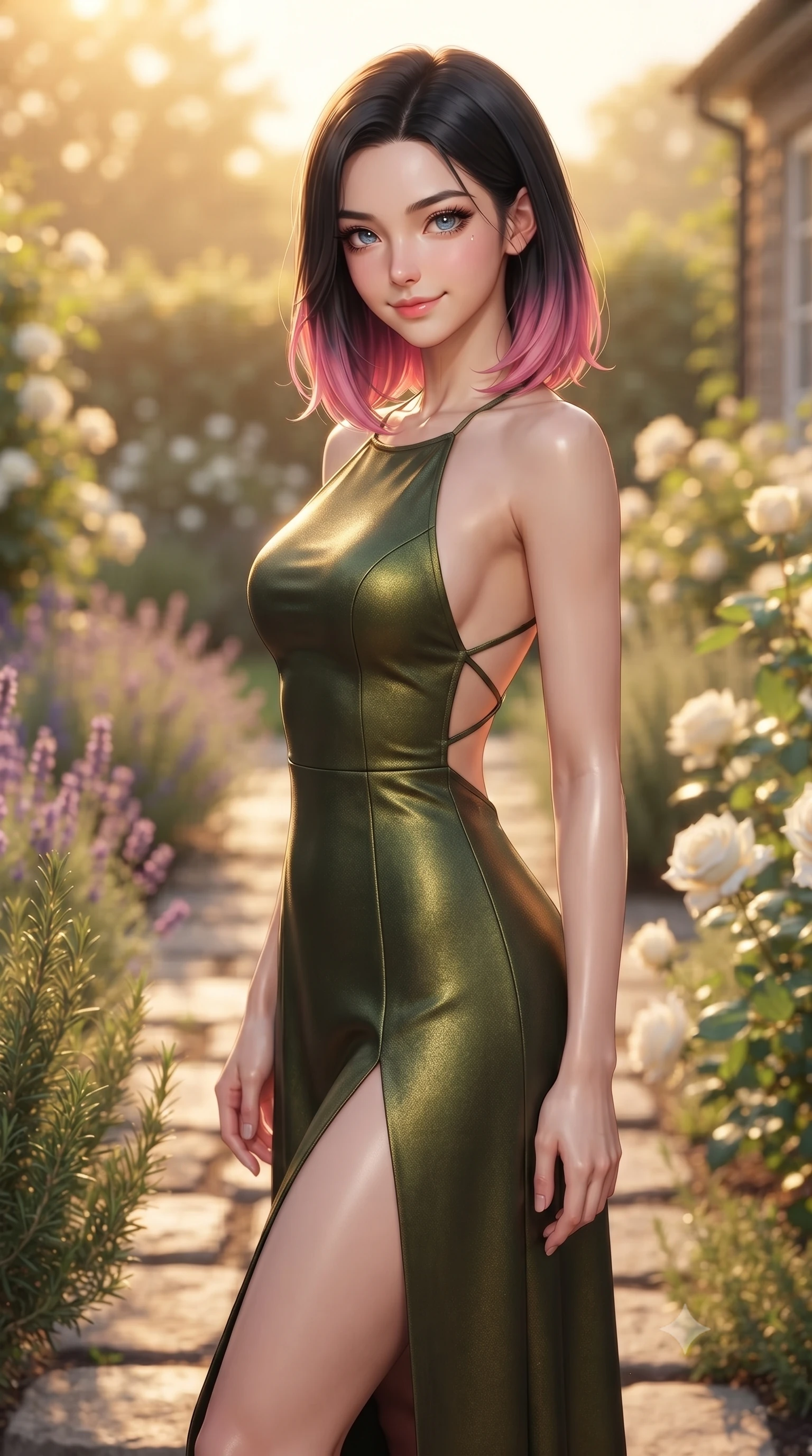 score_9, masterpiece, best quality, ultra-detailed, high-budget anime keyframe, editorial fashion photography, tasteful artistic composition, Korean woman woman. close-up cowboy shot from the waist and thighs up, the character dominates the composition, filling the frame with her large presence, background elements kept in soft focus. tilting her head slightly with a gentle, friendly smile under the warm sun the background shows a soft-focus a path lined with lavender, rosemary, and white roses in a sunny cottage yard. She has an exceptionally elegant, slender, and willowy female figure with an ultra-slim waist, a gracefully sculpted slender torso, and a refined silhouette. sharp v-shaped jawline, high-bridge nose, intricate jewel-like eyes with depth, thick eyelashes, glossy lips with a natural sheen. wearing a slim-fit dramatic open-back maxi dress in olive green, featuring a high thigh slit. warm golden hour afternoon light bathing the garden in warmth. ultra-reflective glossy finish, specular highlights, metallic sheen, high-contrast stereoscopic depth, volumetric dynamic lighting, 2k, ultra detail, master piece, 9:16 ratio