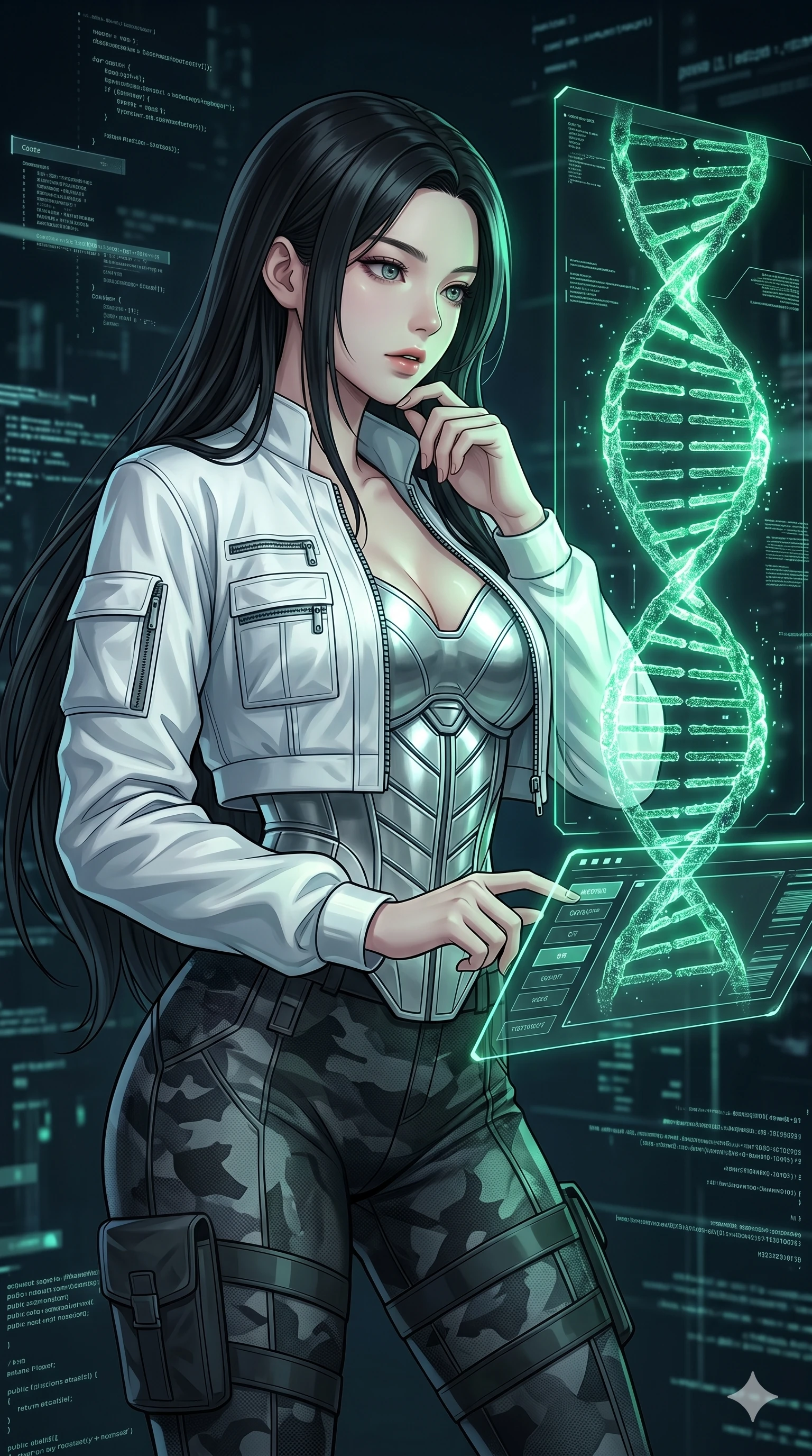 score_9, masterpiece, best quality, ultra-detailed, high-budget anime keyframe, Korean woman. Upper body close-up from the thighs up, character filling the screen for maximum presence. Inside a digital void, next to a floating holographic model of dna, examining the model with a curious, focused expression. She is wearing a cropped lab jacket over a structured silver bodice and utility leggings. The scene is illuminated by the bright green glow of the holographic model. 2k, ultra detail, master piece, 9:16 ratio