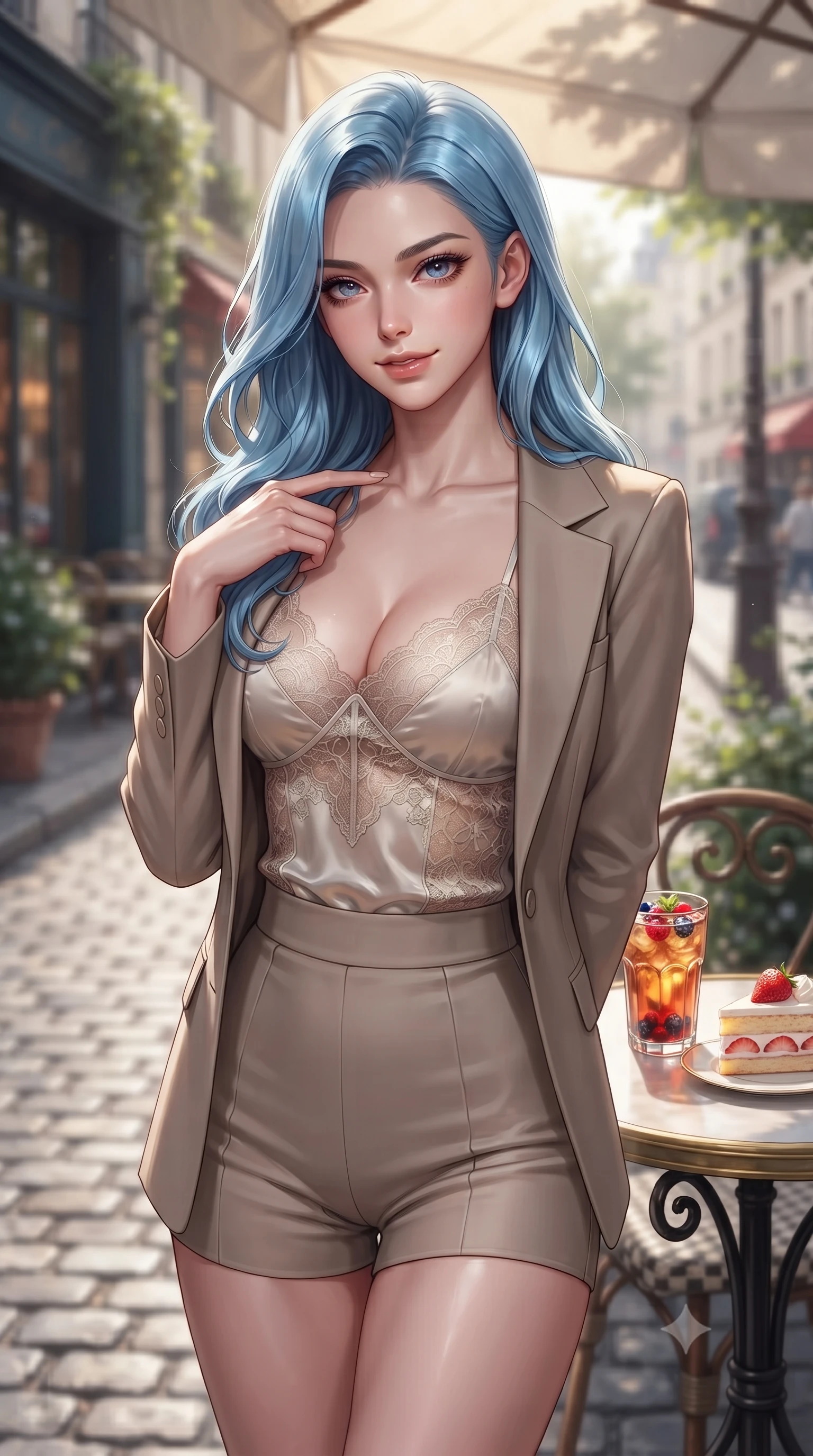 score_9, masterpiece, best quality, ultra-detailed, high-budget anime keyframe, editorial fashion photography, tasteful artistic composition, Korean woman. close-up cowboy shot from the waist and thighs up, the character dominates the composition, filling the frame with her large presence, background elements kept in soft focus. gently tracing her finger along her collarbone with a captivating, confident smile set against a soft-focus background of at a vintage Parisian-style cafe corner next to a quiet cobblestone street with a glass of iced fruit tea and a slice of strawberry shortcake nearby. She has an exceptionally elegant, slender, and willowy female figure with an ultra-slim waist, a gracefully sculpted slender torso, and a refined silhouette. sharp v-shaped jawline, high-bridge nose, intricate jewel-like eyes with depth, thick eyelashes, glossy lips with a natural sheen. wearing tailored delicate silk camisole with lace panels and a tailored blazer worn open over form-contouring shorts. dappled sunlight filtering through the outdoor awning onto her face. ultra-reflective glossy finish, specular highlights, metallic sheen, high-contrast stereoscopic depth, volumetric dynamic lighting, 2k, ultra detail, master piece, 9:16 ratio