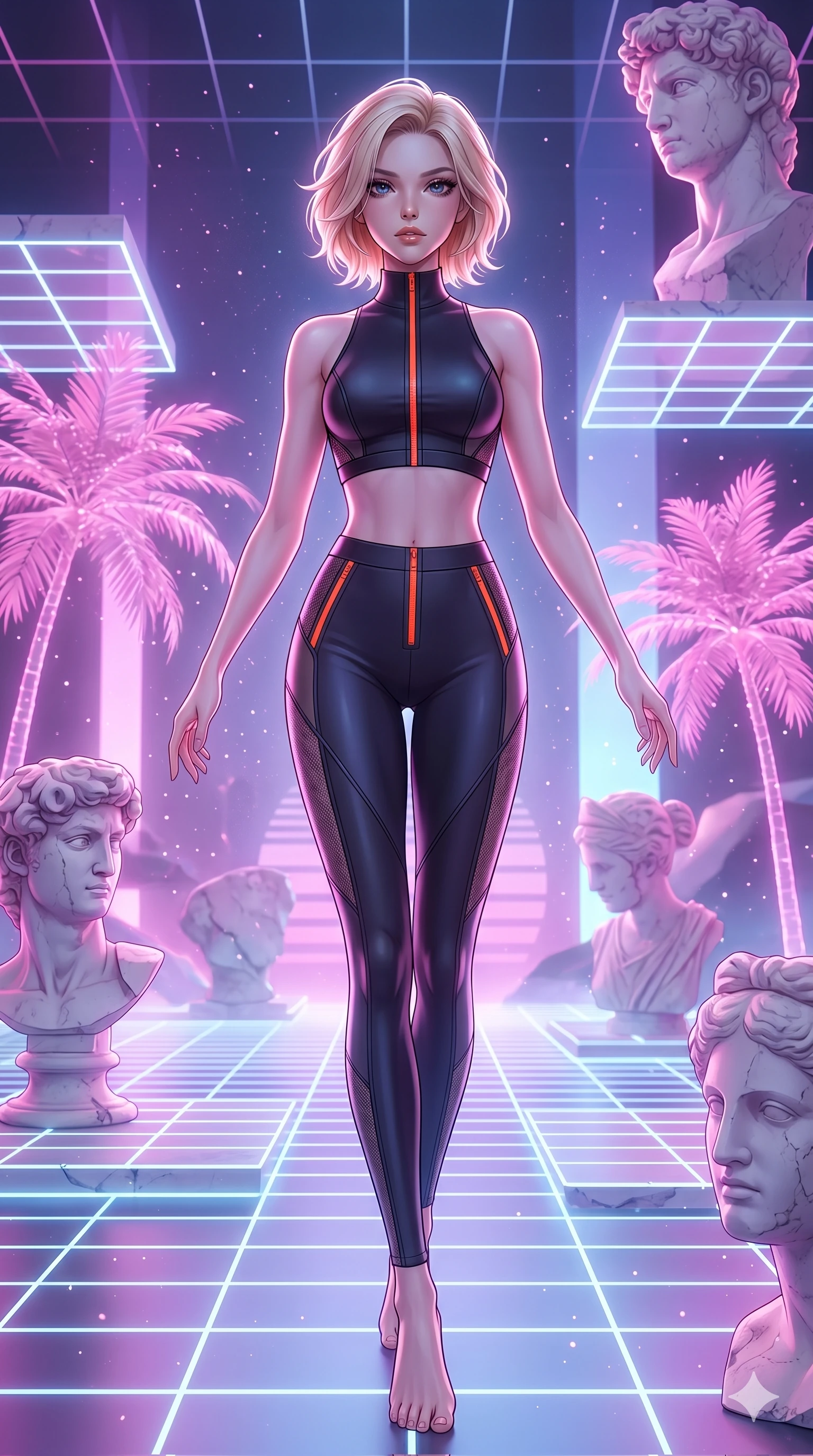 score_9, masterpiece, best quality, ultra-detailed, high-budget anime keyframe, Korean woman. low angle full-body shot filling the entire 9:16 frame with her statuesque presence, stretching the vertical silhouette. drifting through a holographic vaporwave oasis with floating grid floors, lo-fi marble statues, and glowing pink palms. She has an absolutely perfect 8-heads proportion, an exceptionally tall and slender female figure with impossibly long slender legs and an ultra-slim waist. V-shaped jawline, high-bridge nose, intricate jewel-like eyes with depth, thick eyelashes, glossy lips with a natural sheen.. wearing a second-skin neoprene cyber-athleisure set, featuring a tight crop top and leggings with fluorescent orange zipper accents and side slash panels. illuminated by dramatic chiaroscuro casting soft shadows along her curves, with vibrant backlighting highlighting the dust particles. 2k, ultra detail, master piece, 9:16 ratio