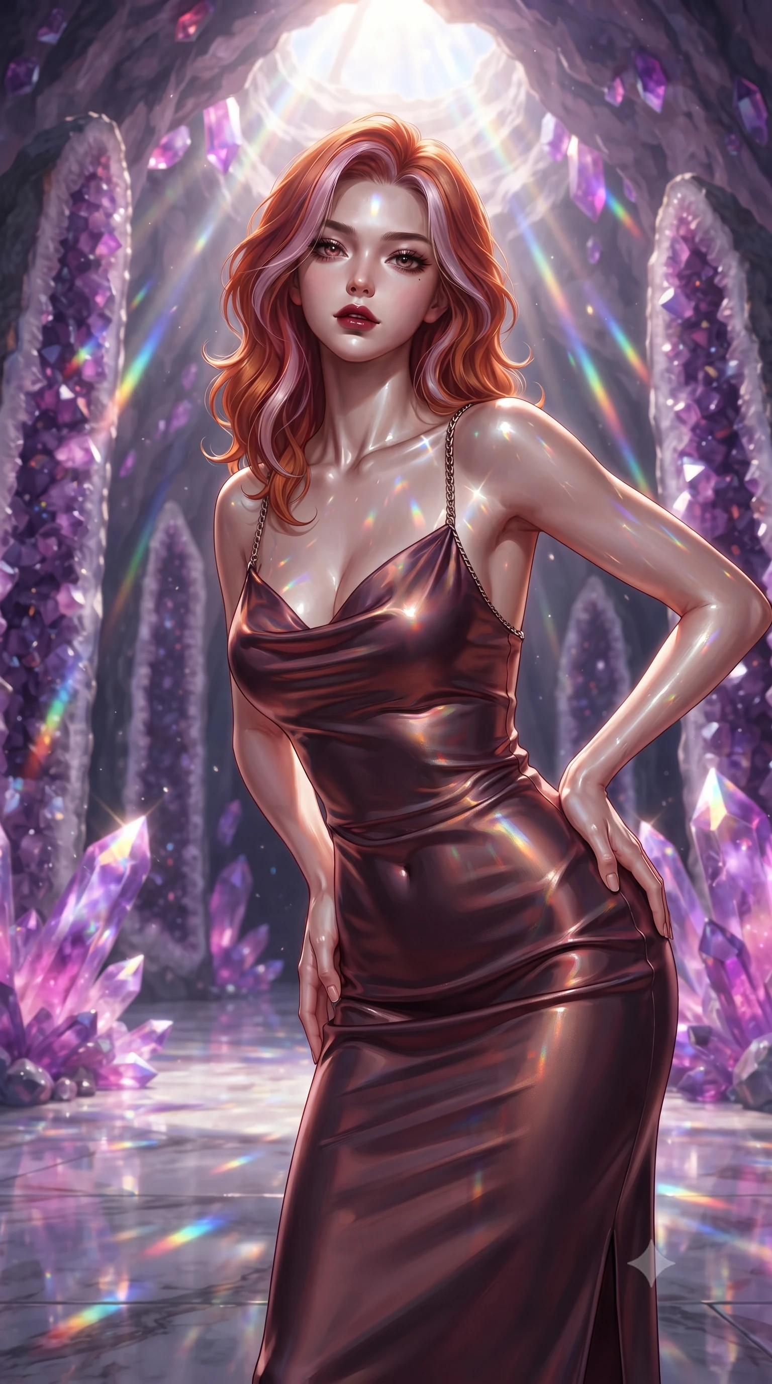 score_9, masterpiece, best quality, ultra-detailed, high-budget anime keyframe, editorial fashion photography, tasteful artistic composition, Caucasian woman. close-up cowboy shot from the waist and thighs up, the character dominates the composition, filling the frame with her large presence, background elements kept in soft focus. Leaning slightly forward with a composed, seductive gaze under soft glowing light standing inside a breathtaking cavern lined with massive amethyst geode pillars, massive violet and magenta crystal facets scattering prismatic light rays. She has an exceptionally elegant, slender, and willowy female figure with an ultra-slim waist, a gracefully sculpted slender torso, and a refined silhouette. sharp v-shaped jawline, high-bridge nose, intricate jewel-like eyes with depth, thick eyelashes, glossy lips with a natural sheen. wearing an elegant cowl-neck satin midi dress with a draped neckline in deep burgundy and bronze, formed from sleek second-skin neoprene, adorned with delicate metallic chain straps along the neckline, the form-contouring material highlighting her ultra-slim waist and long lines. bathed in brilliant prismatic light filtering from a natural cavern skylight. ultra-reflective glossy finish, specular highlights, metallic sheen, high-contrast stereoscopic depth, volumetric dynamic lighting, 2k, ultra detail, master piece, 9:16 ratio