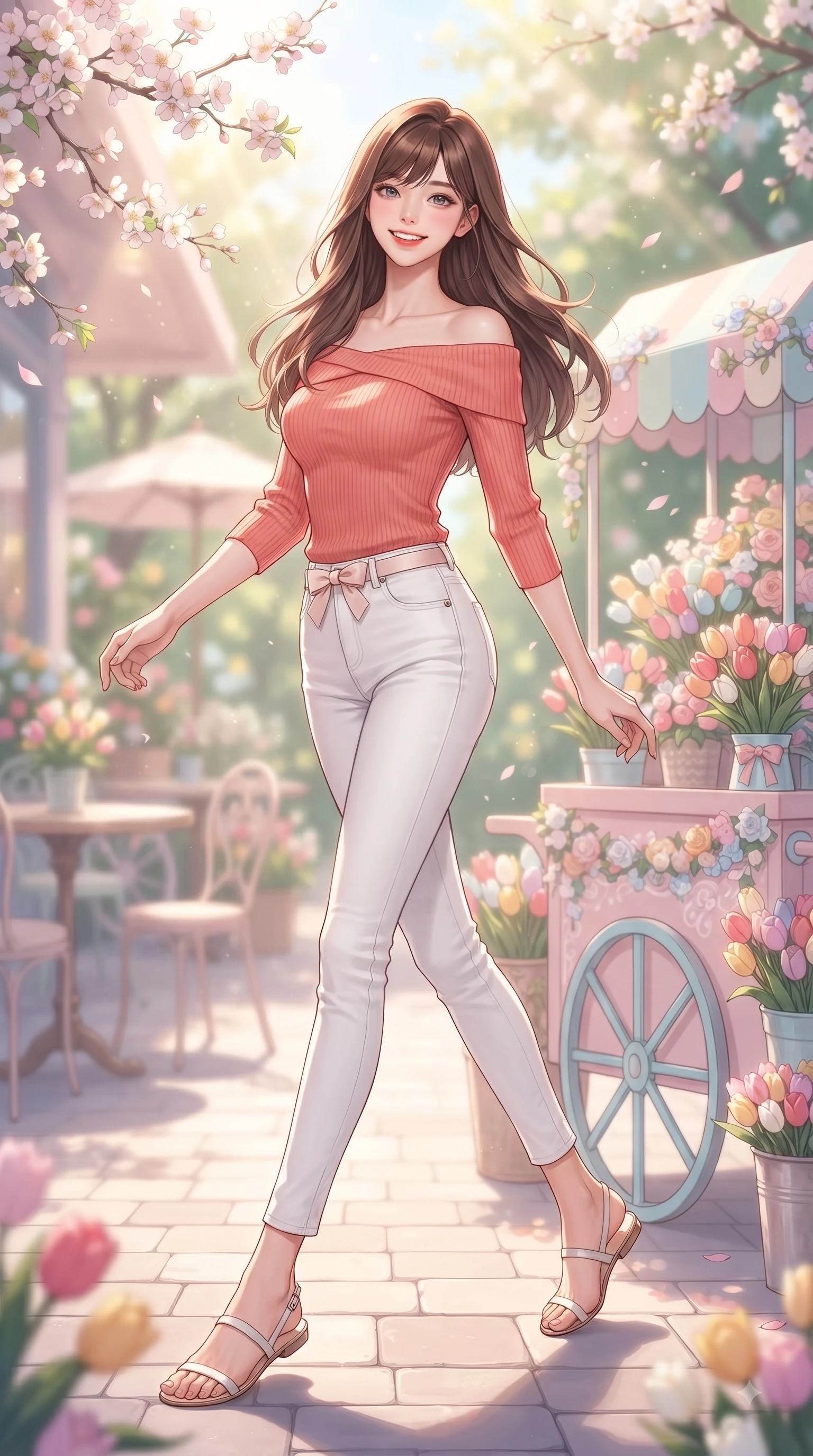 score_9, masterpiece, best quality, ultra-detailed, high-budget anime keyframe, editorial fashion photography, tasteful artistic composition, Korean woman. low angle full-body shot from head to toe showing her feet, filling the entire 9:16 vertical frame with her statuesque presence, stretching her vertical silhouette. stepping forward gracefully in mid-motion with a delighted cute expression, displaying her statuesque model proportions while pivoting playfully near a pastel flower cart holding a bouquet of colorful tulips with a beaming smile. The composition keeps background elements in soft focus with dreamy bokeh. sunlit outdoor cafe tables and decorative bloom displays blurring into gentle warm background light. She has an absolutely perfect, statuesque 8.5-heads proportion, an exceptionally tall and slender model-like female figure with impossibly long slender legs and an ultra-slim waist. sharp v-shaped jawline, high-bridge nose, intricate jewel-like eyes with depth, thick eyelashes, glossy lips with a natural sheen, flawlessly proportioned anatomical accuracy, natural body alignment, perfectly sculpted elegant limbs, clean dynamic posture without body distortion. wearing a stylish off-shoulder coral knit top with slim-fit white stretch denim pants in warm apricot and sage green, crafted from soft breathable linen, accented with a dainty waist ribbon bow, the chic real-way fashion cut emphasizing her effortless charm. illuminated by gentle sunbeams streaming through blooming flower branches. ultra-reflective glossy finish, specular highlights, metallic sheen, high-contrast stereoscopic depth, volumetric dynamic lighting, 2k, ultra detail, master piece, 9:16 ratio