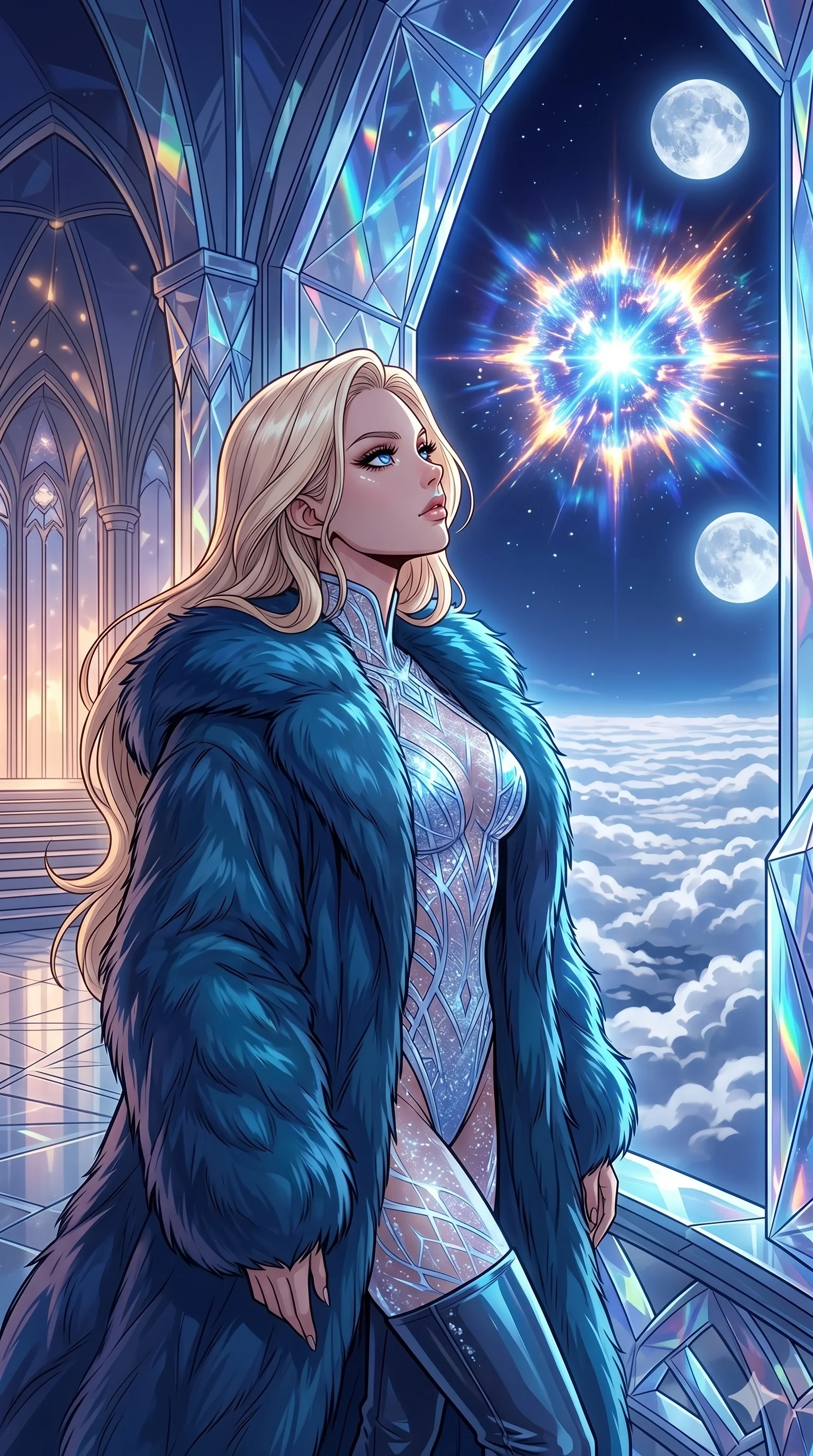 score_9, masterpiece, best quality, ultra-detailed, high-budget anime movie keyframe, cinematic anime lighting, intricate line art, Caucasian (strictly human ears) woman. Medium shot of upper body capturing the intricate details of her high-fashion attire. observing a supernova in a crystal palace above the clouds under a twin-moon sky. She has an absolutely perfect 8-heads proportion, an exceptionally tall and slender female figure with an ultra-slim waist and impossibly long slender legs. sharp v-shaped jawline, high-bridge nose, intricate jewel-like eyes, thick eyelashes, glossy lips. Wearing seasonal winter-couture featuring a plush oversized faux-fur coat worn over a skin-tight crystalline leotard and thigh-high stiletto boots. The scene is illuminated by dramatic atmospheric lighting and vibrant color palettes. , 2k, ultra detail, master piece, 9:16 ratio