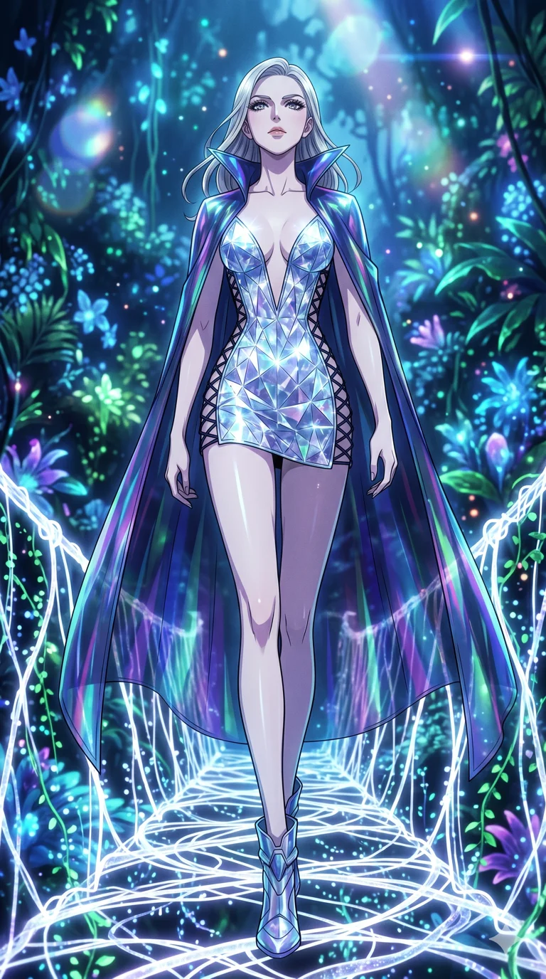 score_9, masterpiece, best quality, ultra-detailed, High-budget Anime Keyframe, vibrant colors, fluid line-art, expressive lighting, cinematic composition, Ufotable-style visual effects, top-tier animation quality, Caucasian woman with pale skin and refined features. Low angle cowboy shot filling the entire 9:16 frame with her statuesque presence, looking up to emphasize her height. Walking across a bridge made of woven light and digital vines. She has an absolutely perfect 8-heads proportion, an exceptionally tall and slender female figure with impossibly long slender legs and an ultra-slim waist, her statuesque height and towering silhouette dominating the vertical 9:16 frame. Her face is a masterpiece featuring a sharp v-shaped jawline, high-bridge nose, intricate jewel-like eyes with depth, thick eyelashes, and glossy lips with a natural sheen. She is wearing a Crystalline structure mini-dress with an iridescent vinyl cape, dangerous plunging neckline, and lace-up side panels.. The scene is set in a bioluminescent jungle where every leaf and flower glows with a unique frequency. 2k, ultra detail, master piece, 9:16 ratio