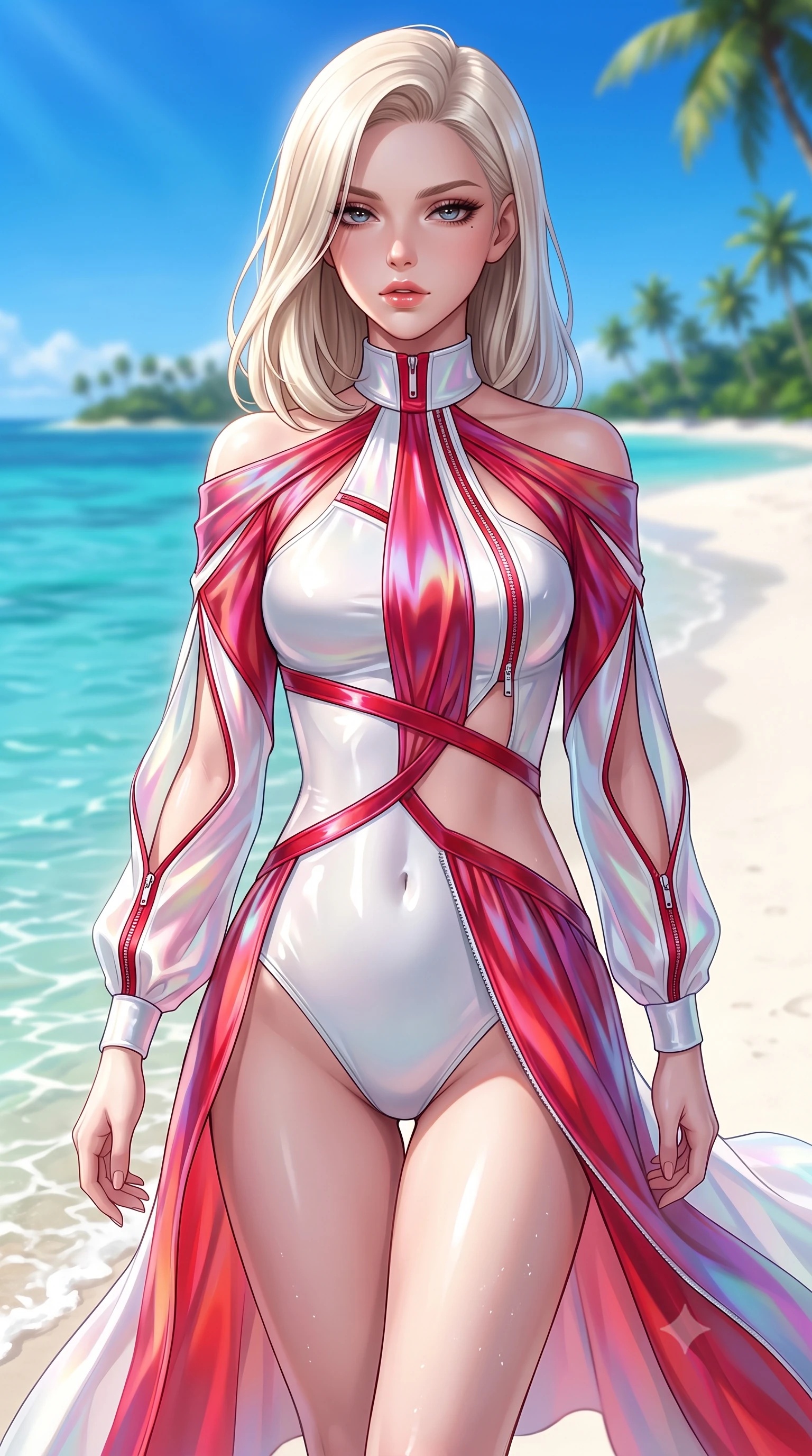 score_9, masterpiece, best quality, ultra-detailed, high-budget anime keyframe, semi-realistic 3D game render, editorial fashion photography, tasteful artistic composition, Caucasian woman. close-up cowboy shot from the waist and thighs up, the character dominates the composition, filling the frame with her large presence. casting a slow, smoldering gaze beneath heavy lashes with parted glossy lips, her head slightly tilted in captivating self-assurance while stepping along a pristine white sand sandbar as shallow emerald lagoon waves lap gently at her feet. The composition keeps background elements in soft focus with creamy bokeh. distant palm-lined islands and vibrant blue sky softened by shallow atmospheric focus. She has an exceptionally elegant, slender, and willowy female figure with an ultra-slim waist, a gracefully sculpted slender torso, toned flat midriff, and a refined slim silhouette. sharp v-shaped jawline, high-bridge nose, intricate jewel-like eyes with depth, thick eyelashes, glossy lips with a natural sheen, flawlessly proportioned anatomical accuracy, strict slender model proportions, natural body alignment, perfectly sculpted long slender limbs, ultra-slim waistline, clean dynamic posture without body distortion. wearing a glossy white second-skin latex bodysuit with high-thigh cuts, exposed clavicle neckline, and gleaming zipper details in radiant crimson silk and crisp snow white, made of smooth iridescent silk chiffon that shifts colors with movement, complemented by criss-cross back straps highlighting her completely bare spine, the precision-cut daring openings accentuating her delicate midriff, graceful bare collarbones, and ultra-slim feminine waistline. bathed in dazzling tropical morning sunlight and glittering ocean water caustics. highly saturated vibrant anime colors, detailed shading with soft gradients, rich glossy textures, high-contrast stereoscopic depth, volumetric dynamic lighting, master piece, 9:16 ratio