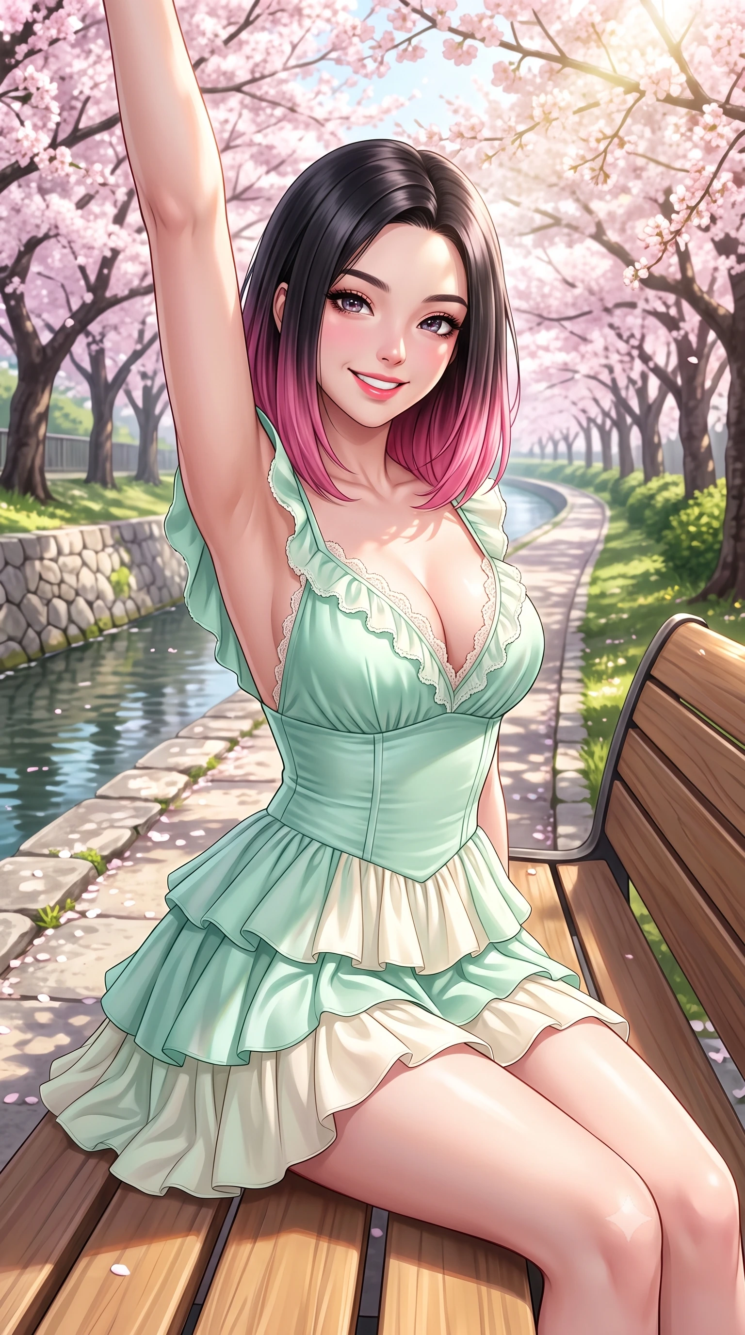 score_9, masterpiece, best quality, ultra-detailed, high-budget anime keyframe, semi-realistic 3D game render, editorial fashion photography, tasteful artistic composition, Korean woman. close-up cowboy shot from the waist and thighs up, the character dominates the composition, filling the frame with her large presence. playfully stretching one arm overhead toward the sun, her radiant smile capturing fresh girlhood charm while her arched torso reveals an intoxicating hip contour while sitting on a sunlit wooden bench beside the canal, her form-hugging outfit accentuating her narrow waist and curvy hips in the spring breeze. The surrounding environment is rendered in vivid detail and crisp panoramic clarity. detailed silk dress drape, soft sun glints on skin, and Philosopher's Path landscape clarity in high resolution. She has an exceptionally elegant, slender, and willowy female figure with an ultra-slim waist, flat toned midriff, narrow ribcage, and sculpted feminine hips creating an alluring, slim hourglass silhouette without bulk. sharp v-shaped jawline, high-bridge nose, intricate jewel-like sparkling eyes with depth, thick eyelashes, glossy parted lips with a natural peach sheen, bright cheerful beaming smile with an enchanting and coquettish sensual glint, exuding both youthful cute charm and seductive allure, flawlessly proportioned anatomical accuracy, strict slender model proportions, natural body alignment, perfectly sculpted long slender limbs, ultra-slim waistline, clean dynamic posture without body distortion. wearing a tiered ruffled chiffon mini dress with a fitted corseted waist and open back in refreshing mint green and soft vanilla cream, made of smooth fluid silk satin with a delicate pearlescent sheen, finished with delicate lace scallop edging along the neckline, the liquid-tight tailored fabric clinging flawlessly to her narrow waist and rounded feminine hips, emphasizing every millimeter of her sculpted slim hourglass curves without any bulky heaviness. bathed in bright morning spring sunlight scattering through blooming flower canopies. highly saturated vibrant anime colors, detailed shading with soft gradients, rich glossy textures, high-contrast stereoscopic depth, volumetric dynamic lighting, master piece, 9:16 ratio