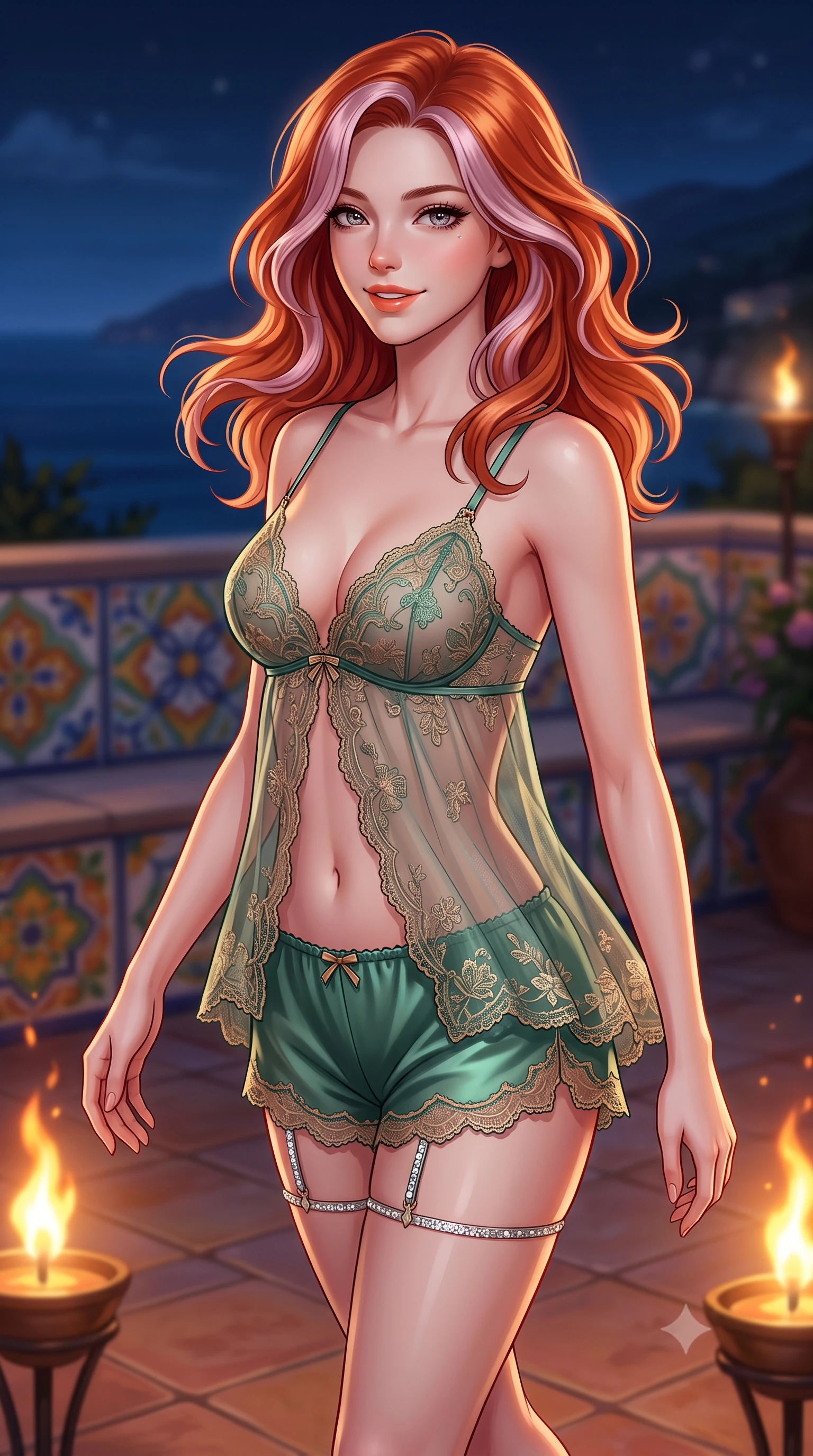 score_9, masterpiece, best quality, ultra-detailed, high-budget anime keyframe, semi-realistic 3D game render, editorial fashion photography, tasteful artistic composition, Caucasian woman. close-up cowboy shot from the waist and thighs up, the character dominates the composition, filling the frame with her large presence. turning slowly with an enchanting smoldering smile, her glossy hair tossing in the breeze as her hips angle gracefully in a captivating contrapposto while walking slowly along the tiled terrace with tall model strides, evening sea breezes molding her sheer gown to her slender legs. The background shows a soft-focus colorful ceramic tile patterns softened in romantic Italian coastal nocturne shallow focus. She has an exceptionally elegant, slender, and willowy female figure with an ultra-slim waist, flat toned midriff, narrow ribcage, and sculpted feminine hips creating an alluring, slim hourglass silhouette without bulk. sharp v-shaped jawline, high-bridge nose, intricate jewel-like sparkling eyes with depth, thick eyelashes, glossy parted lips with a natural peach sheen, bright cheerful beaming smile with an enchanting and coquettish sensual glint, exuding both youthful cute charm and seductive allure, flawlessly proportioned anatomical accuracy, strict slender model proportions, natural body alignment, perfectly sculpted long slender limbs, ultra-slim waistline, clean dynamic posture without body distortion. wearing a delicate sheer lace babydoll camisole paired with matching satin tap pants with scalloped eyelash lace trim in French Concession jade green and gilded bronze, made of delicate embroidered tulle lace with intricate floral motifs and soft transparency, finished with delicate crystal-encrusted thigh garter straps glinting in the dim light, the second-skin tailored fabric adhering flawlessly to her sculpted flat midriff and slender torso, emphasizing her long leg lines and perfectly proportioned willowy build. bathed in the dramatic warm 2100K flame glow of dancing oil torches mixed with cool Mediterranean sea moonlight. highly saturated vibrant anime colors, detailed shading with soft gradients, rich glossy textures, high-contrast stereoscopic depth, volumetric dynamic lighting, master piece, 9:16 ratio