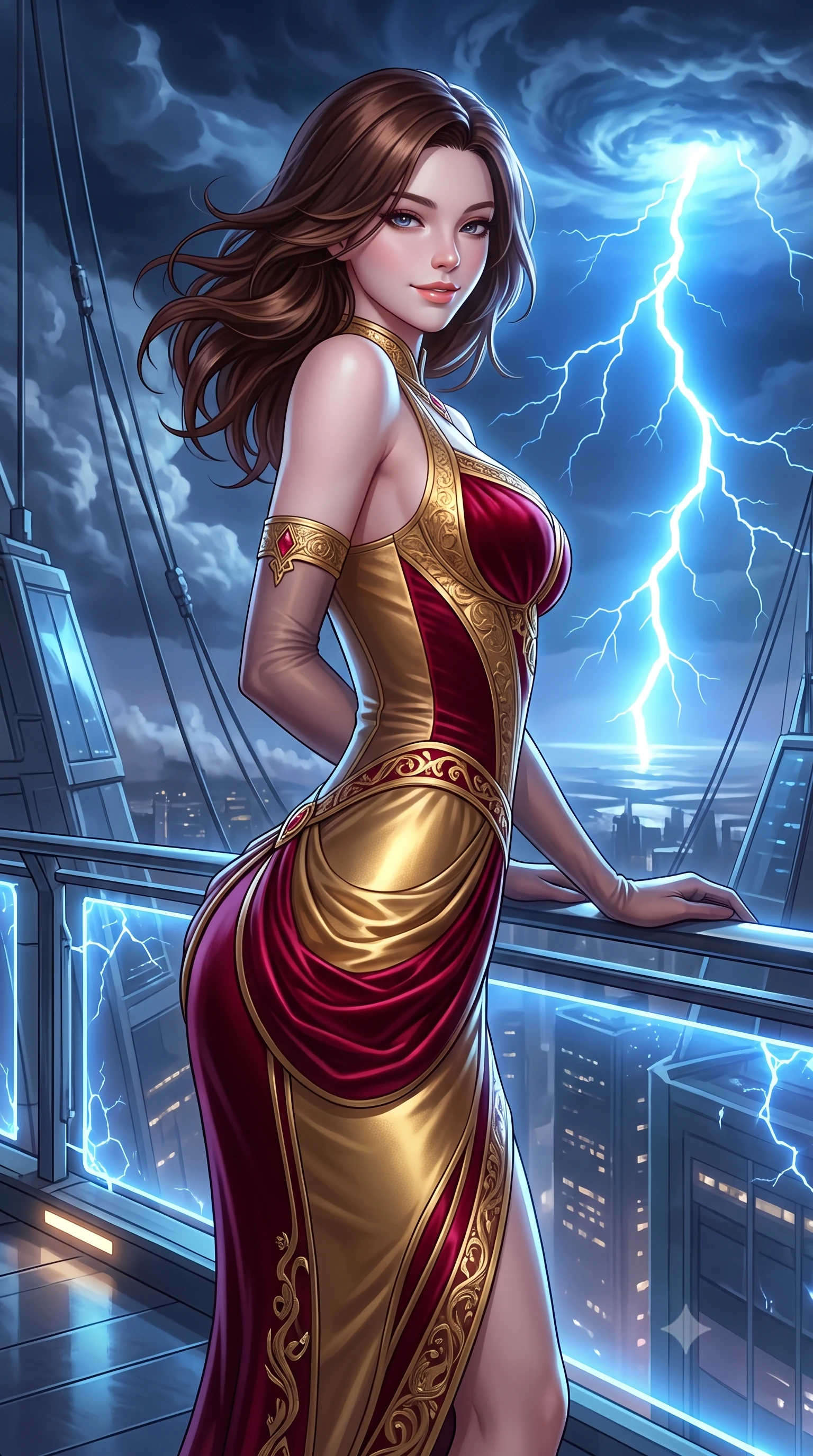 score_9, masterpiece, best quality, ultra-detailed, high-budget anime keyframe, semi-realistic 3D game render, editorial fashion photography, tasteful artistic composition, Korean woman. close-up cowboy shot from the waist and thighs up, the character dominates the composition, filling the frame with her large presence. turning slowly with an enchanting smoldering smile, her glossy hair tossing in the breeze as her hips angle gracefully in a captivating contrapposto while leaning against the plasma-shielded balcony with hips cocked back, watching colossal blue atmospheric lightning flashes with heavy-lidded bedroom-eyes. The surrounding environment is rendered in vivid detail and crisp panoramic clarity: sharp aerostat suspension cables, anti-radiation glass facets, and swirling storm vortex cloud details in deep focus. She has an exceptionally elegant, slender, and willowy female figure with an ultra-slim waist, flat toned midriff, narrow ribcage, and sculpted feminine hips creating an alluring, slim hourglass silhouette without bulk. sharp v-shaped jawline, high-bridge nose, intricate jewel-like sparkling eyes with depth, thick eyelashes, glossy parted lips with a natural peach sheen, bright cheerful beaming smile with an enchanting and coquettish sensual glint, exuding both youthful cute charm and seductive allure, flawlessly proportioned anatomical accuracy, strict slender model proportions, natural body alignment, perfectly sculpted long slender limbs, ultra-slim waistline, clean dynamic posture without body distortion. wearing a glove-like stretch lambskin leather dress with seamless sculpting hold adhering tightly to her silhouette in Cyber-Baroque gilded gold and royal crimson velvet, made of fluid liquid jersey with seamless sculpting hold and smooth contours, complemented by sheer opera-length evening gloves tracing her slender arms, the impeccably tailored cut draping gracefully along her slender figure with aristocratic poise. illuminated by deck reflection bounce and sharp cyan-white lightning rim lights defining her jawline, narrow waist, and curvy hips. highly saturated vibrant anime colors, detailed shading with soft gradients, rich glossy textures, high-contrast stereoscopic depth, volumetric dynamic lighting, master piece, 9:16 ratio