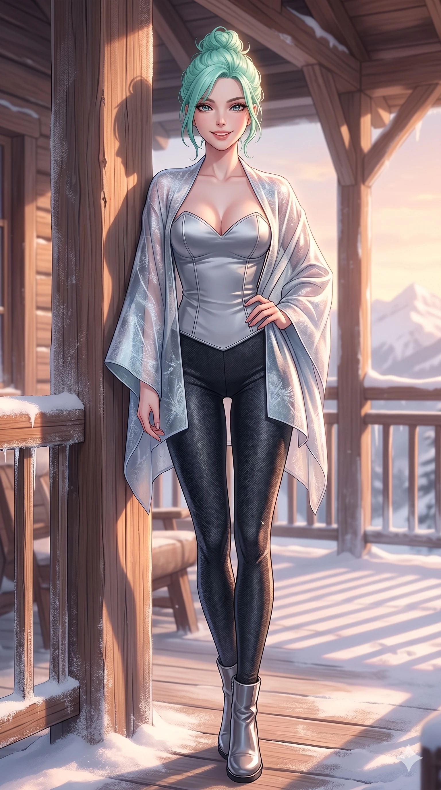 score_9, masterpiece, best quality, ultra-detailed, high-budget anime keyframe, vibrant anime aesthetic, Japanese woman. cowboy shot from the thighs up, character and outfit filling the frame for maximum presence. She is leaning against a chalet porch post, smiling warmly with a playful half-smile inside a high-fashion editorial set in winter (Code-P21-195). She has an absolutely perfect 8-heads proportion, an exceptionally tall and slender female figure with impossibly long slender legs and an ultra-slim waist. V-shaped jawline, high-bridge nose, intricate jewel-like eyes with depth, thick eyelashes, glossy lips with a natural sheen. wearing a structured satin structured bodice with a sweetheart neckline paired with a translucent wrap in winter. She is bathed in soft, warm sunrise winter glow that casts long elegant shadows on the balcony. 2k, ultra detail, master piece, 9:16 ratio