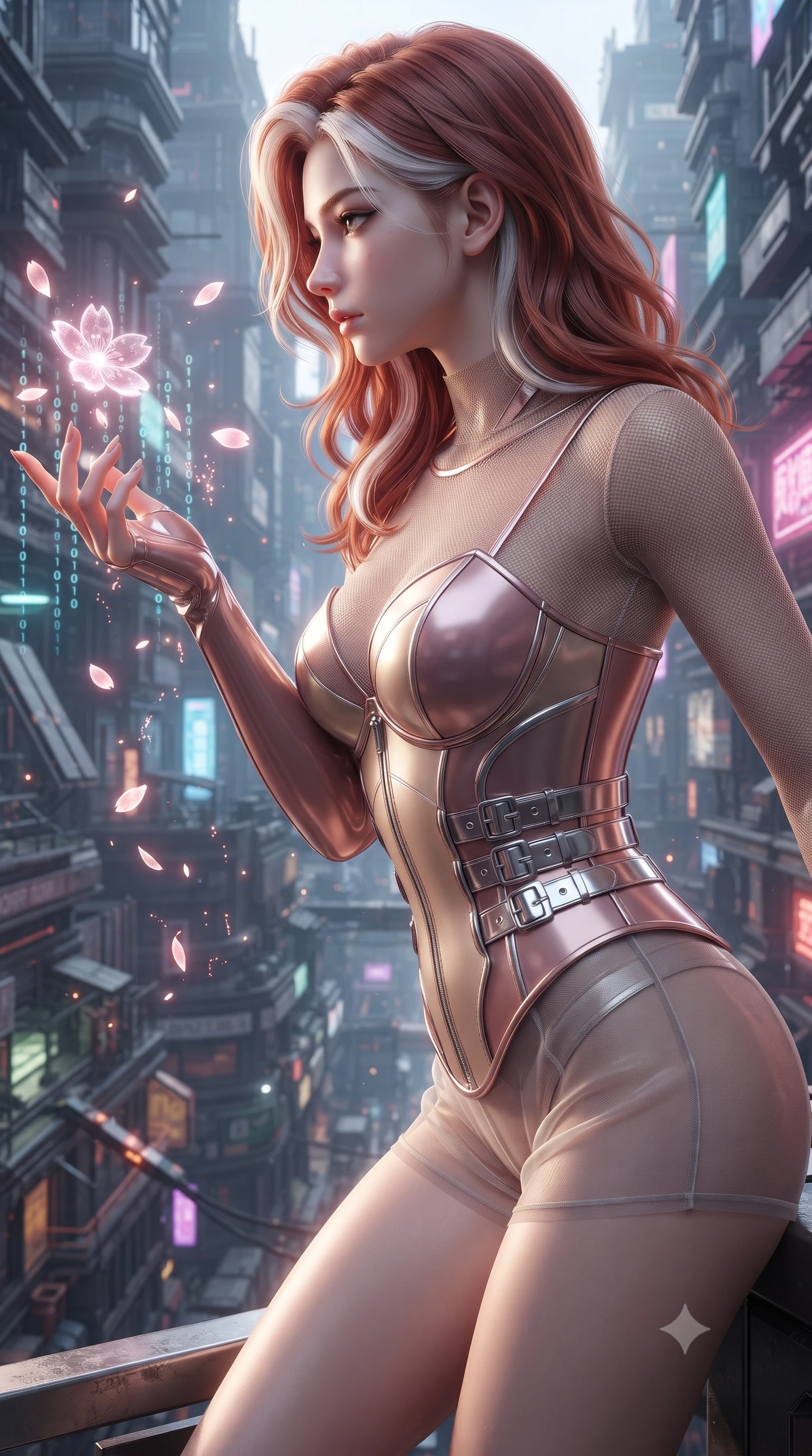 score_9, masterpiece, best quality, ultra-detailed, high-budget anime keyframe, editorial fashion photography, tasteful artistic composition, Caucasian woman. close-up cowboy shot from the waist and thighs up, the character dominates the composition, filling the frame with her large presence, background elements kept in soft focus. Turning her face in sharp profile while her upper body leans forward with poised athletic grace while reaching forward with one hand to catch a glowing holographic sakura petal, digital sakura petals flickering into binary code sparks as they float by. She has an exceptionally elegant, slender, and willowy female figure with an ultra-slim waist, a gracefully sculpted slender torso, and a refined silhouette. sharp v-shaped jawline, high-bridge nose, intricate jewel-like eyes with depth, thick eyelashes, glossy lips with a natural sheen, flawlessly proportioned anatomical accuracy, natural body alignment, perfectly sculpted elegant limbs, clean dynamic posture without body distortion. wearing a chrome-plated structured bodice worn over a sheer mesh top and micro-shorts in dusty rose and champagne gold, woven from fine semi-opaque sheer organza, detailed with polished silver buckles along the waistline, the glove-like fit emphasizing her statuesque silhouette during motion. surrounded by a high-energy futuristic cityscape atmosphere. ultra-reflective glossy finish, specular highlights, metallic sheen, high-contrast stereoscopic depth, volumetric dynamic lighting, 2k, ultra detail, master piece, 9:16 ratio