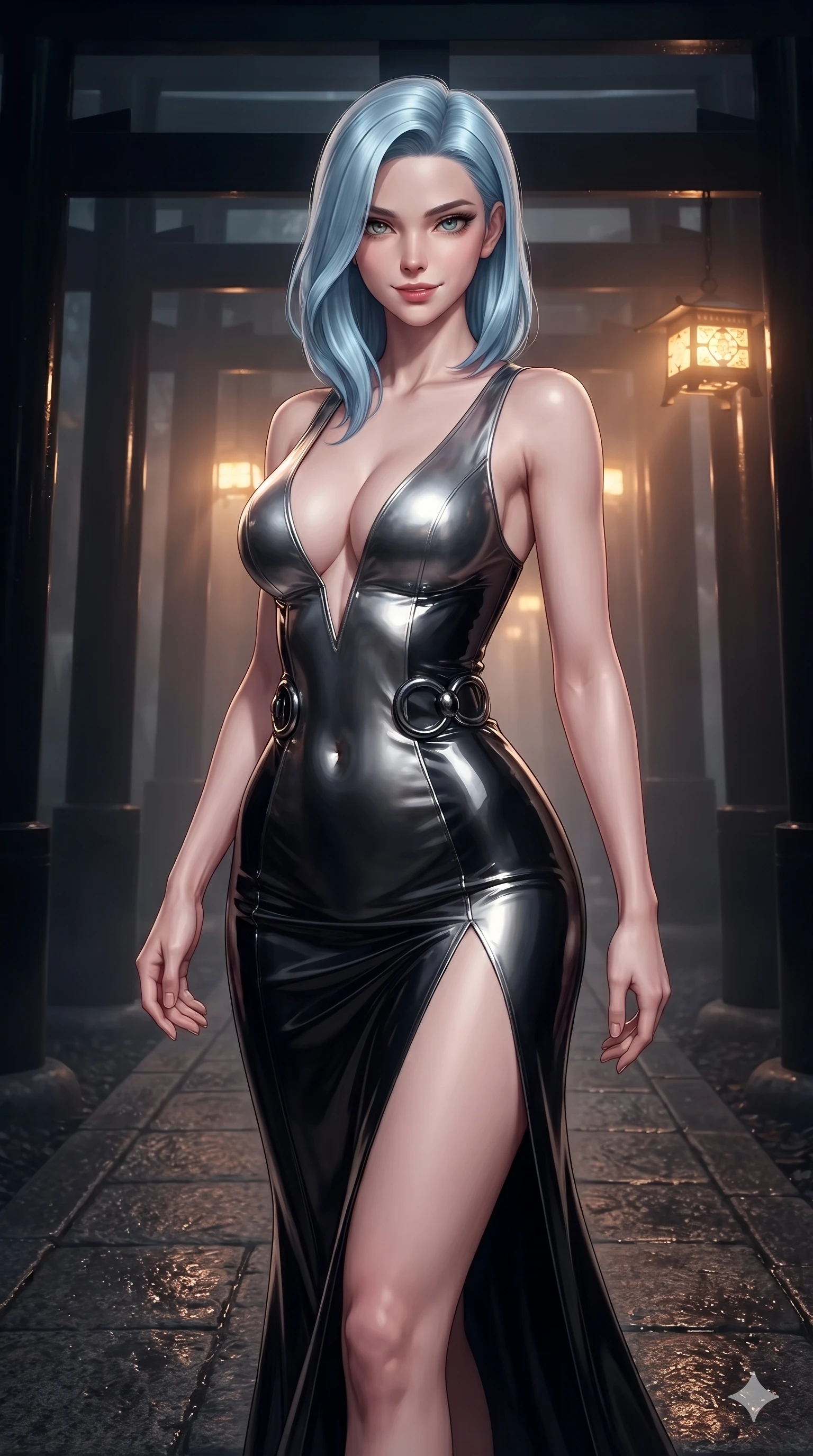 score_9, masterpiece, best quality, ultra-detailed, high-budget anime keyframe, editorial fashion photography, tasteful artistic composition, Korean woman. close-up cowboy shot from the waist and thighs up, the character dominates the composition, filling the frame with her large presence. twisting her slender torso in a deep contrapposto stance, hips dramatically shifted to accentuate her feminine curves while walking through an endless corridor of black lacquer Torii gates at midnight, dim gold lantern light casting warm dramatic rays through thick midnight mist. The surrounding environment is rendered in vivid detail and crisp panoramic clarity: sharp black lacquer gloss reflections, weathered granite pathway flags, and brass lantern filigree in deep focus. She has an exceptionally elegant, slender, and willowy female figure with an ultra-slim waist, flat toned midriff, narrow ribcage, and sculpted feminine hips creating an alluring, slim hourglass silhouette without bulk. sharp v-shaped jawline, high-bridge nose, intricate jewel-like dark sparkling eyes with hypnotic seductive depth, thick curled eyelashes, glossy parted lips with a natural wine sheen, alluring bedroom-eyes with an enigmatic smoldering smile, exuding magnetic sovereign charisma and dark avant-garde glamour, flawlessly proportioned anatomical accuracy, strict slender model proportions, natural body alignment, perfectly sculpted long slender limbs, ultra-slim waistline, clean dynamic posture without body distortion. wearing a low-cut gothic structured bodice gown with high leg slit in metallic liquid silver and pitch black, crafted from wet-look high-gloss vinyl fabric with dazzling specular surface reflections, accented with sculpted obsidian chrome rings at the waist, the liquid-tight tailored fabric clinging flawlessly to her narrow waist and rounded feminine hips, emphasizing every millimeter of her sculpted slim hourglass curves without any bulky heaviness. bathed in warm dramatic lantern rays cutting through thick midnight mist contrasted with pitch-black forest shadows. ultra-reflective glossy finish, specular highlights, metallic sheen, high-contrast stereoscopic depth, volumetric dynamic lighting, 2k, ultra detail, master piece, 9:16 ratio