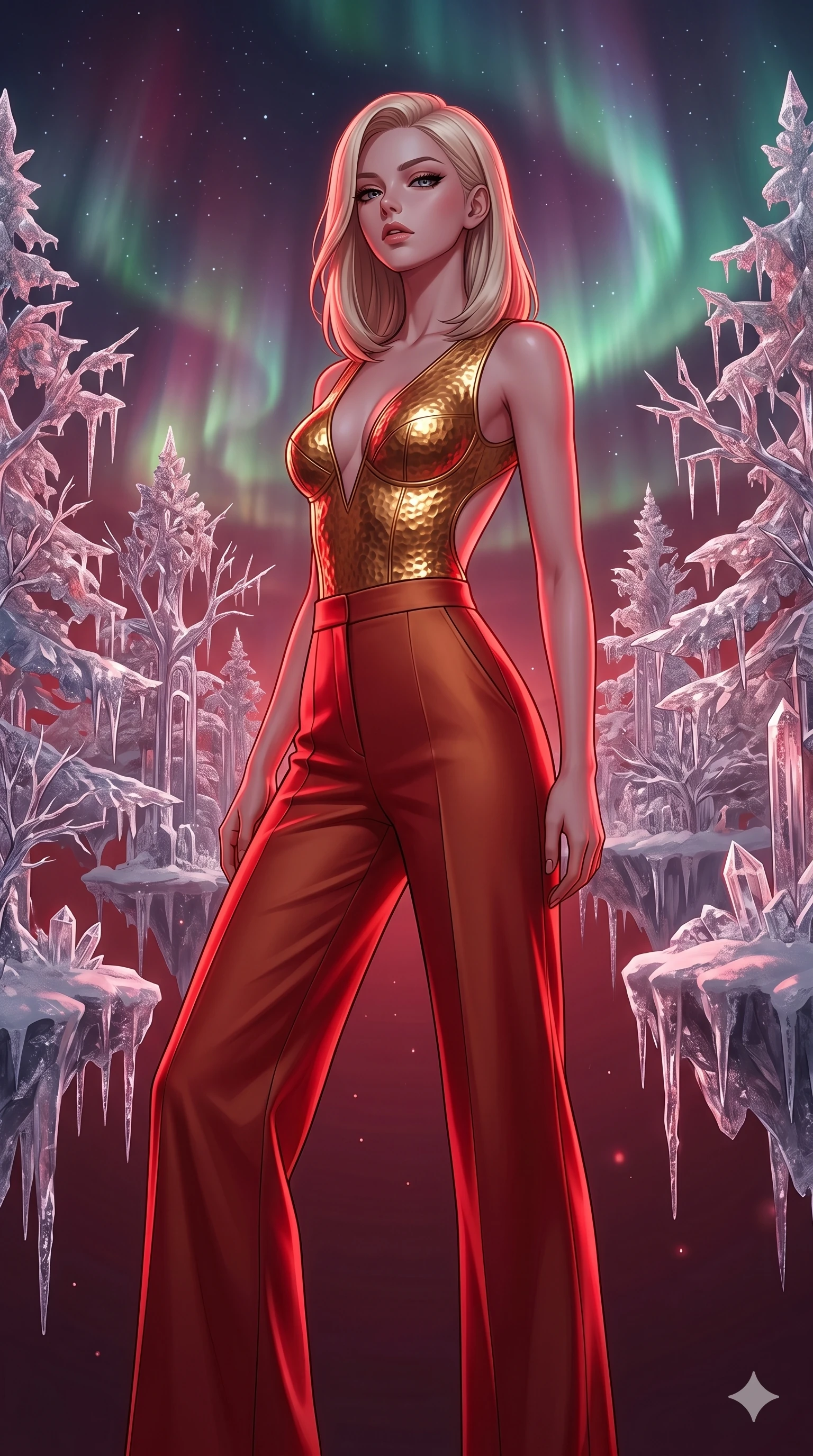 score_9, masterpiece, best quality, ultra-detailed, high-budget anime keyframe, editorial fashion photography, tasteful artistic composition, Caucasian woman, strictly human ears. cowboy shot from the thighs up, character and outfit filling the frame for maximum editorial presence. Tilting her chin up slightly with lips parted in a composed expression within a dreamlike floating winter kingdom with frozen crystal trees and aurora skies. She has an absolutely perfect 8-heads proportion, an exceptionally tall and slender female figure with impossibly long slender legs and an ultra-slim waist. V-shaped jawline, high-bridge nose, intricate jewel-like eyes with depth, thick eyelashes, glossy lips with a natural sheen. wearing a sleeveless deep-V bodysuit in hammered gold with sculptural bust seaming and a bold open-back design descending to the lower back, paired with sharply tailored high-waist wide-leg trousers. drenched in deep crimson theatrical lighting with sharp specular highlights on every curve. 2k, ultra detail, master piece, 9:16 ratio